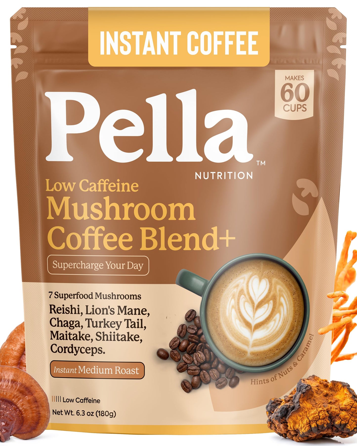 Pella Nutrition Low-Caffeine Mushroom Coffee Powder 6.3 oz