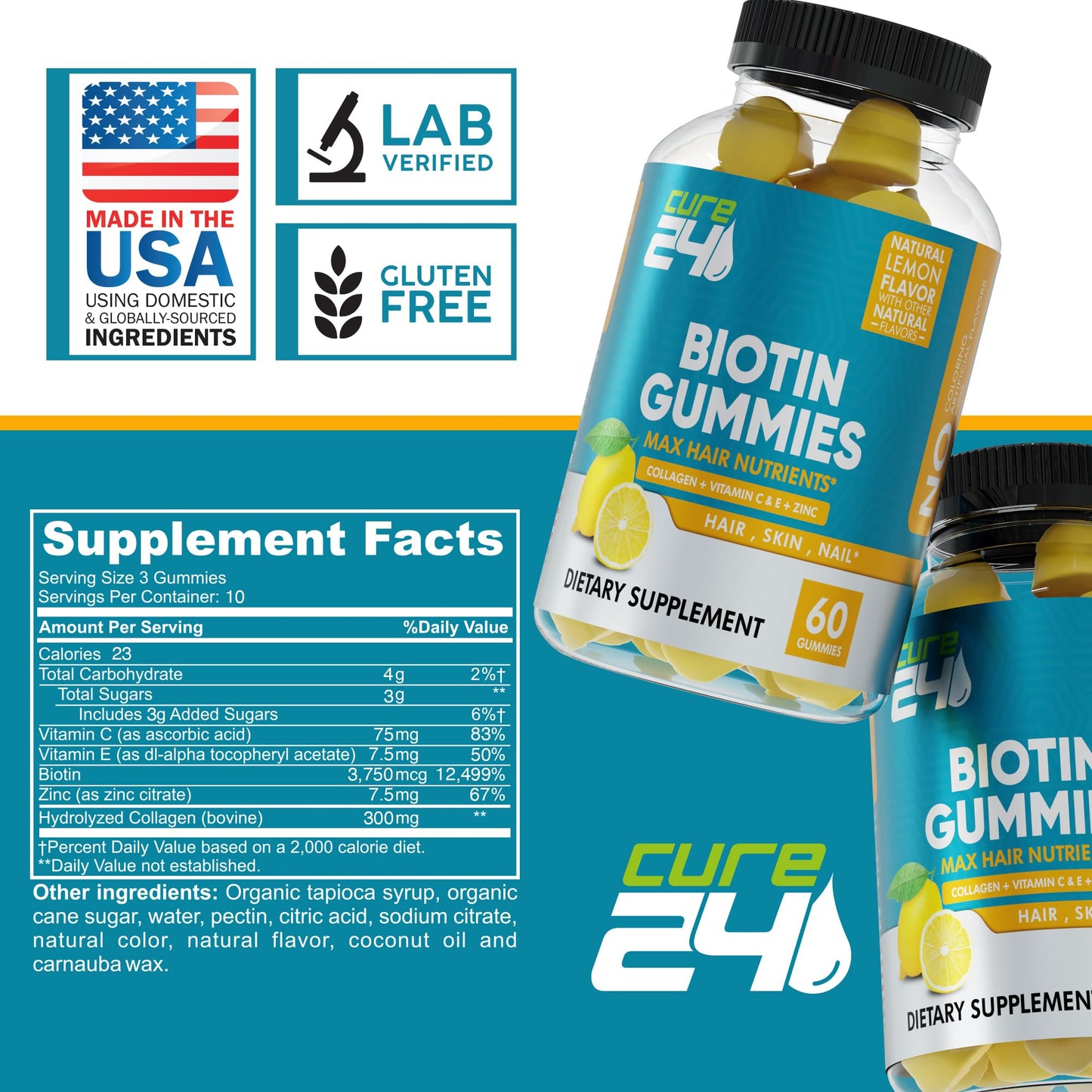 Cure24 Biotin Gummies with Vitamin C, E, Collagen, and Zinc, 60 Count