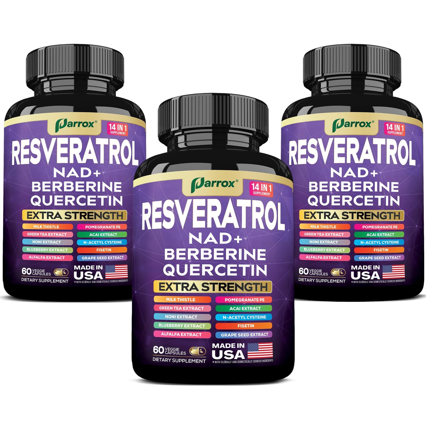 Parrox Resveratrol Supplement, 14-in-1 NAD, Berberine & Quercetin Capsules, 180 Count