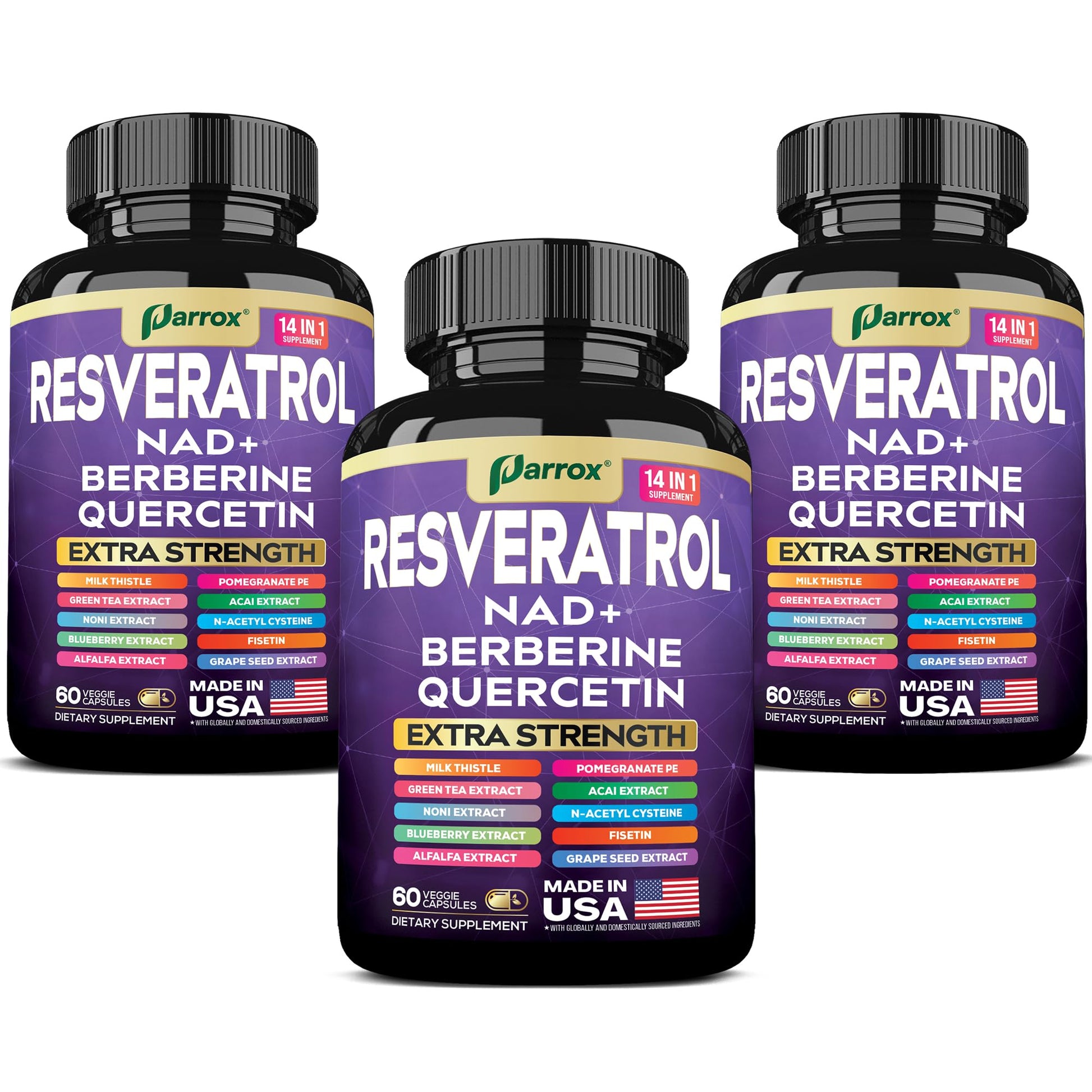 Parrox Resveratrol Supplement, 14-in-1 NAD, Berberine & Quercetin Capsules, 180 Count