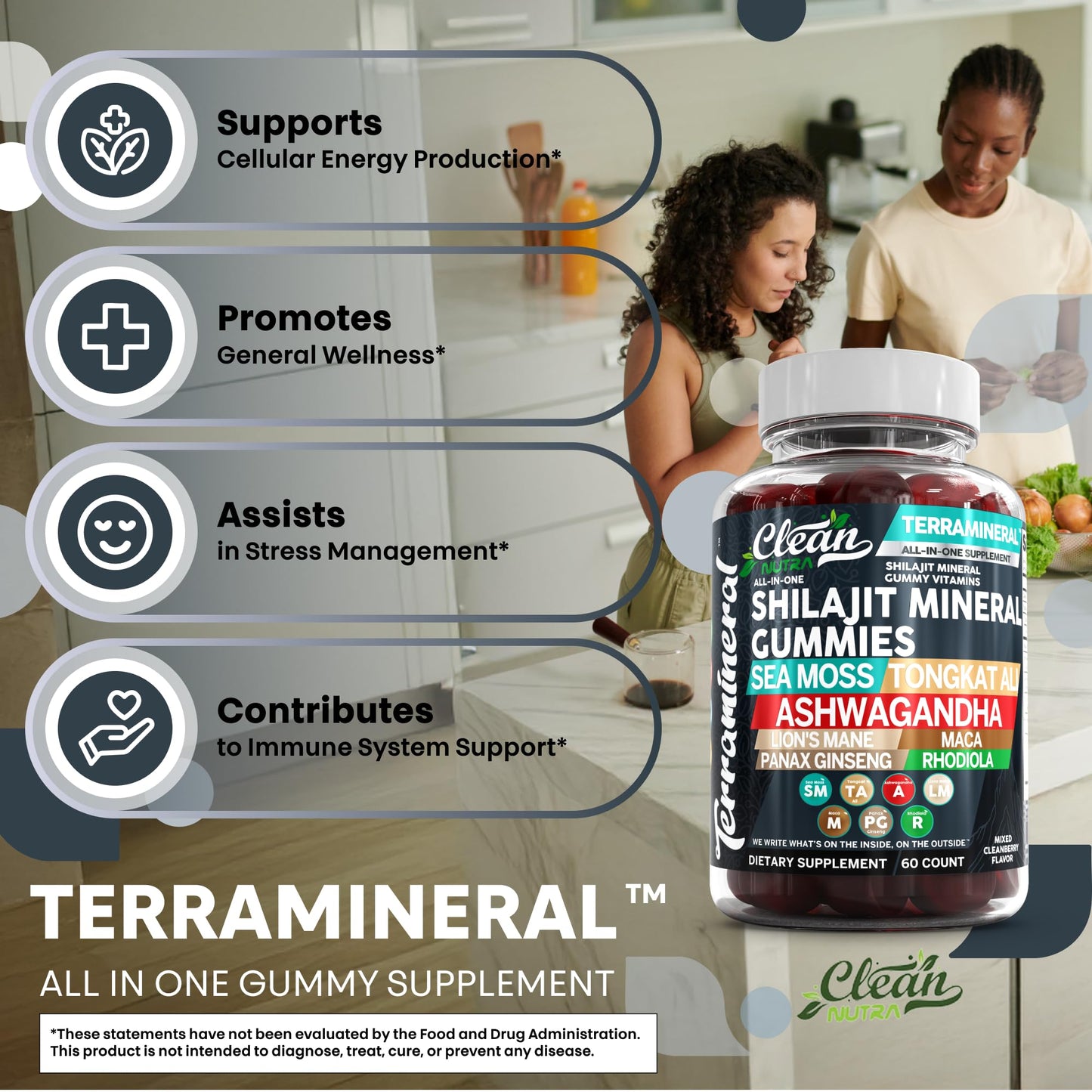 Clean Nutraceuticals Terramineral Shilajit Gummies with Irish Sea Moss Tongkat Ali Ashwagandha Lion's Mane MACA Panax Ginseng Rhodiola & Cordyceps, 60 Gummies