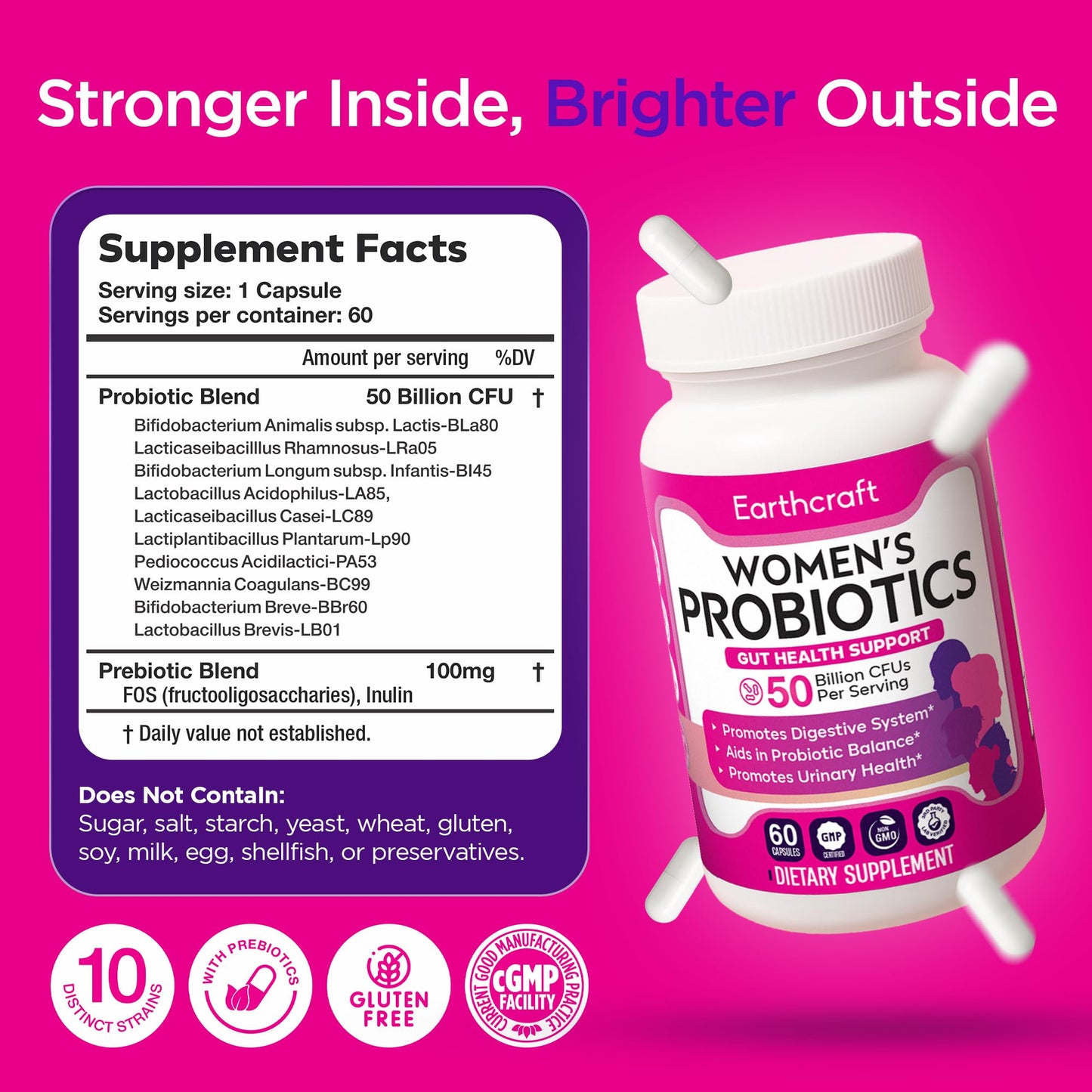 Earthcraft Probiotics for Women 50 Billion CFU – 10 Strains + Prebiotics for Vaginal Health, Digestive, Gut, PH Balance and Immune Health – Delayed Release Capsules, Non-GMO, Vegan, Support Nutrient Absorption, 60 Count