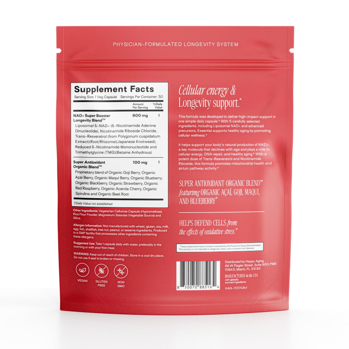 Happy Aging Essential Longevity Formula NAD+ Super Booster with NR, NMNH & Liposomal β-NAD+ Organic Antioxidant Superfruit Blend, 30 Capsules