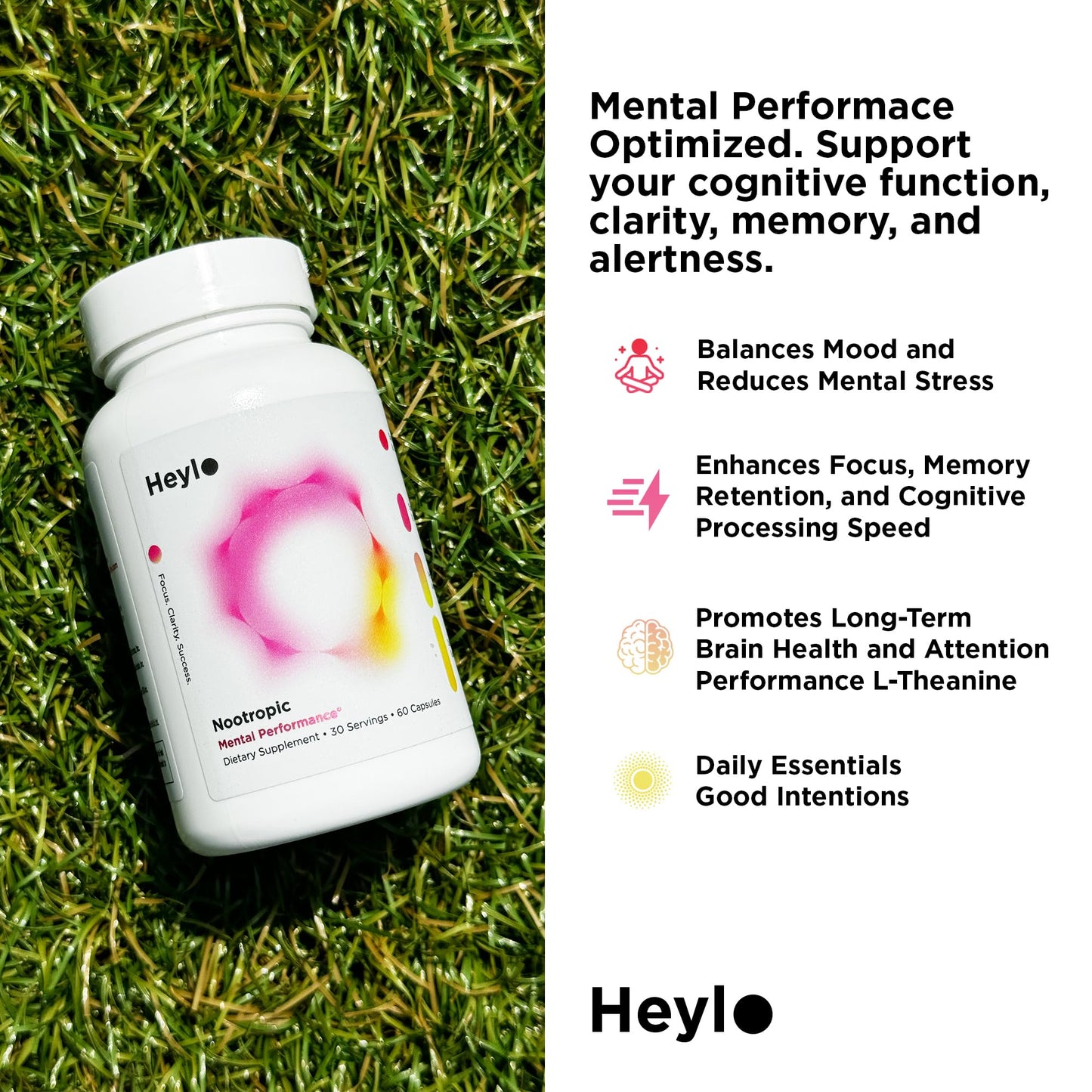 Heylo Health Nootropic Brain Supplement for Focus, Energy, and Memory Capsules, 60 Count