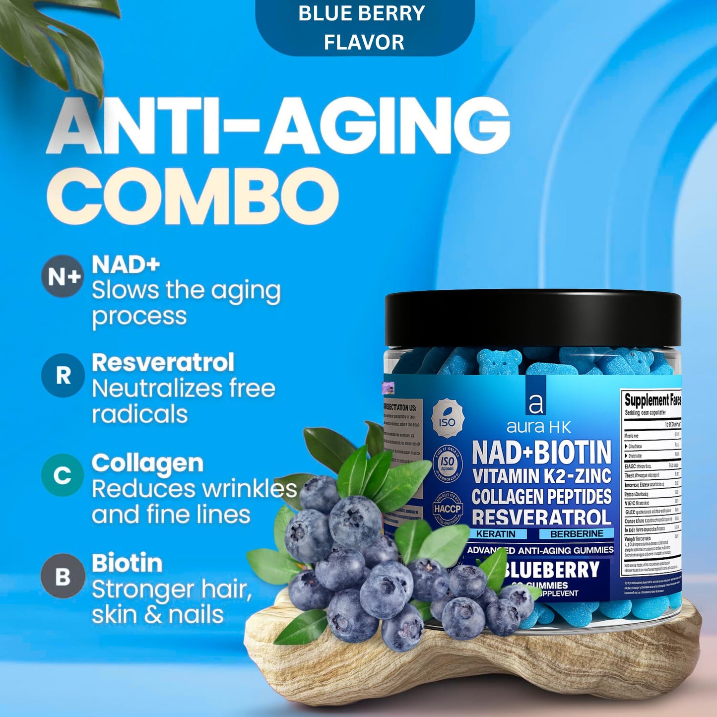 Aura HK NAD+ Biotin, Resveratrol, Berberine & Anti-Aging Gummies, Hair, Skin, Nails & Joint Support, Collagen Peptides, Keratin, Zinc, Vitamin K2 & D3, Regeneration (Blueberry), 120 Gummies