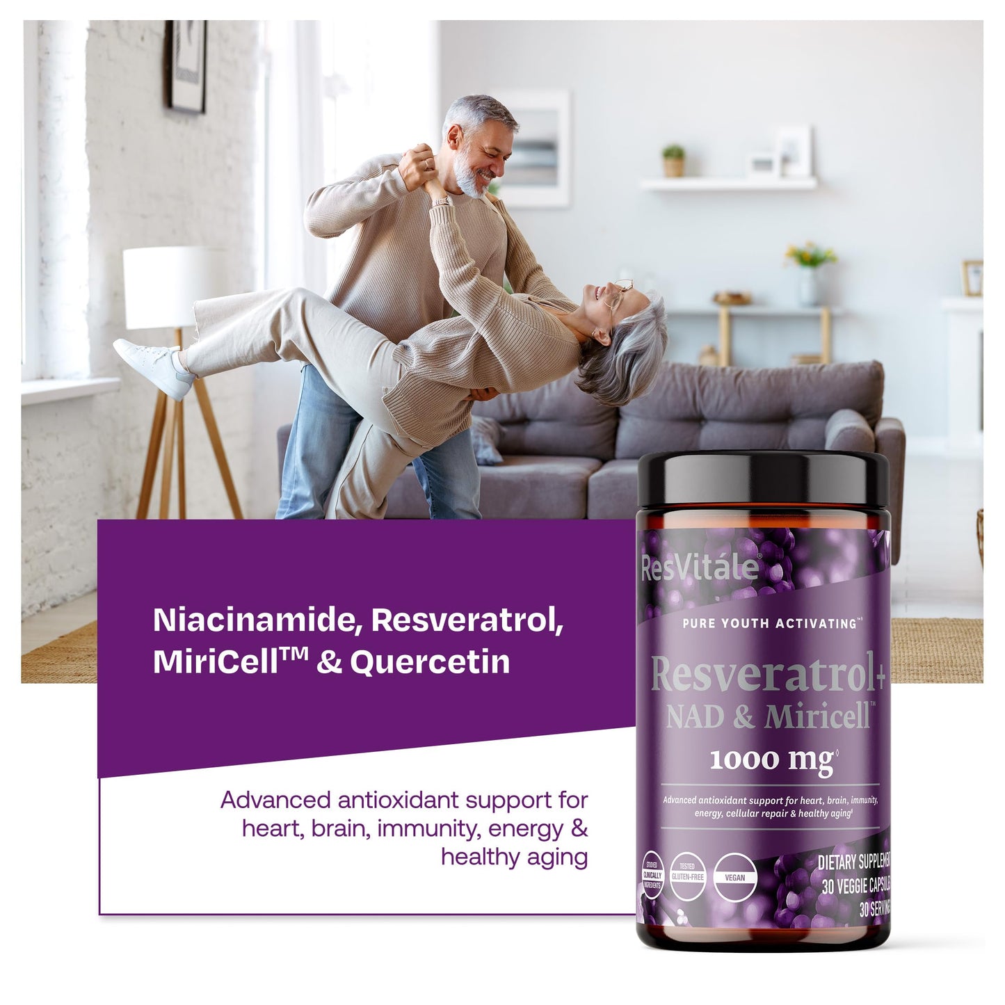 ResVitale Resveratrol + NAD & Miricell 1000 mg - Advanced Antioxidant Support for Brain, Heart, Energy & More - 30 Veggie Capsules