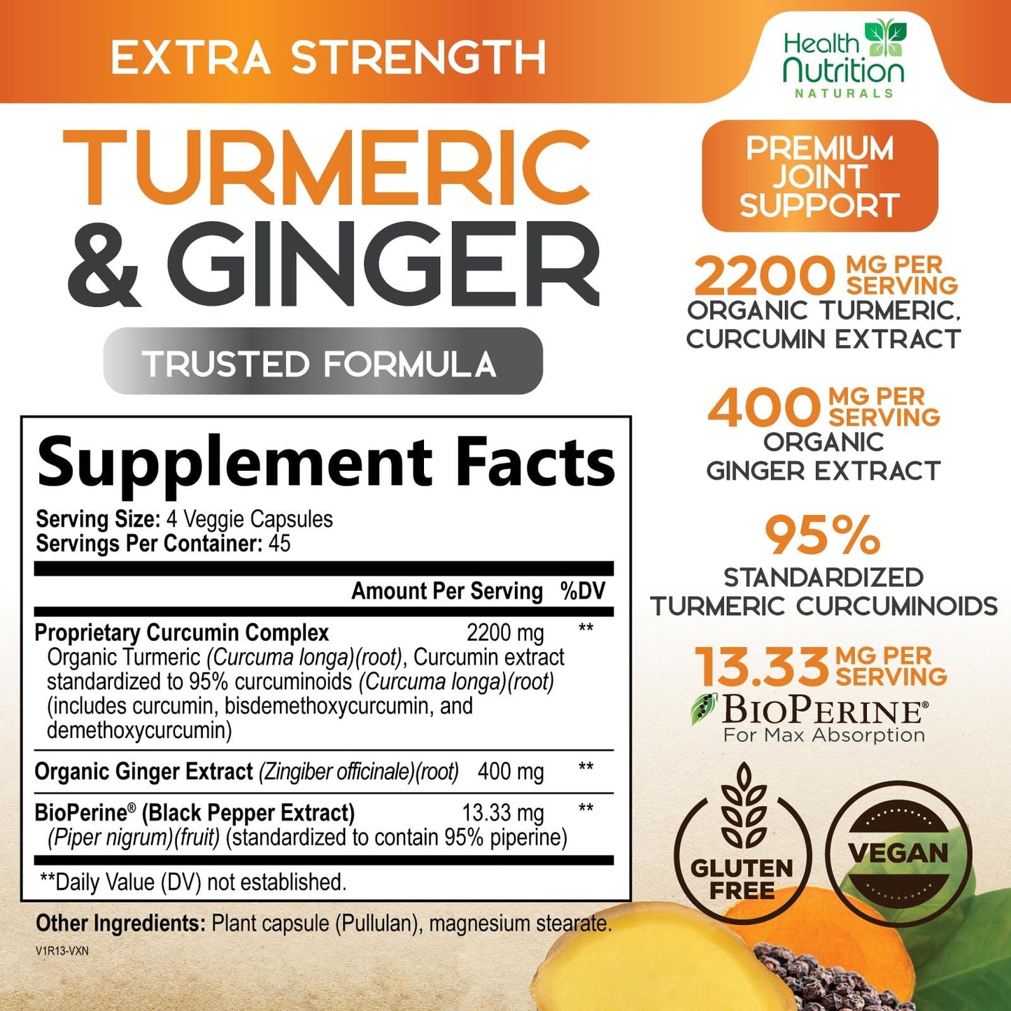 Health Nutrition Naturals Turmeric Curcumin Supplement 2200mg 95% Curcuminoids Capsules, 180 Capsules