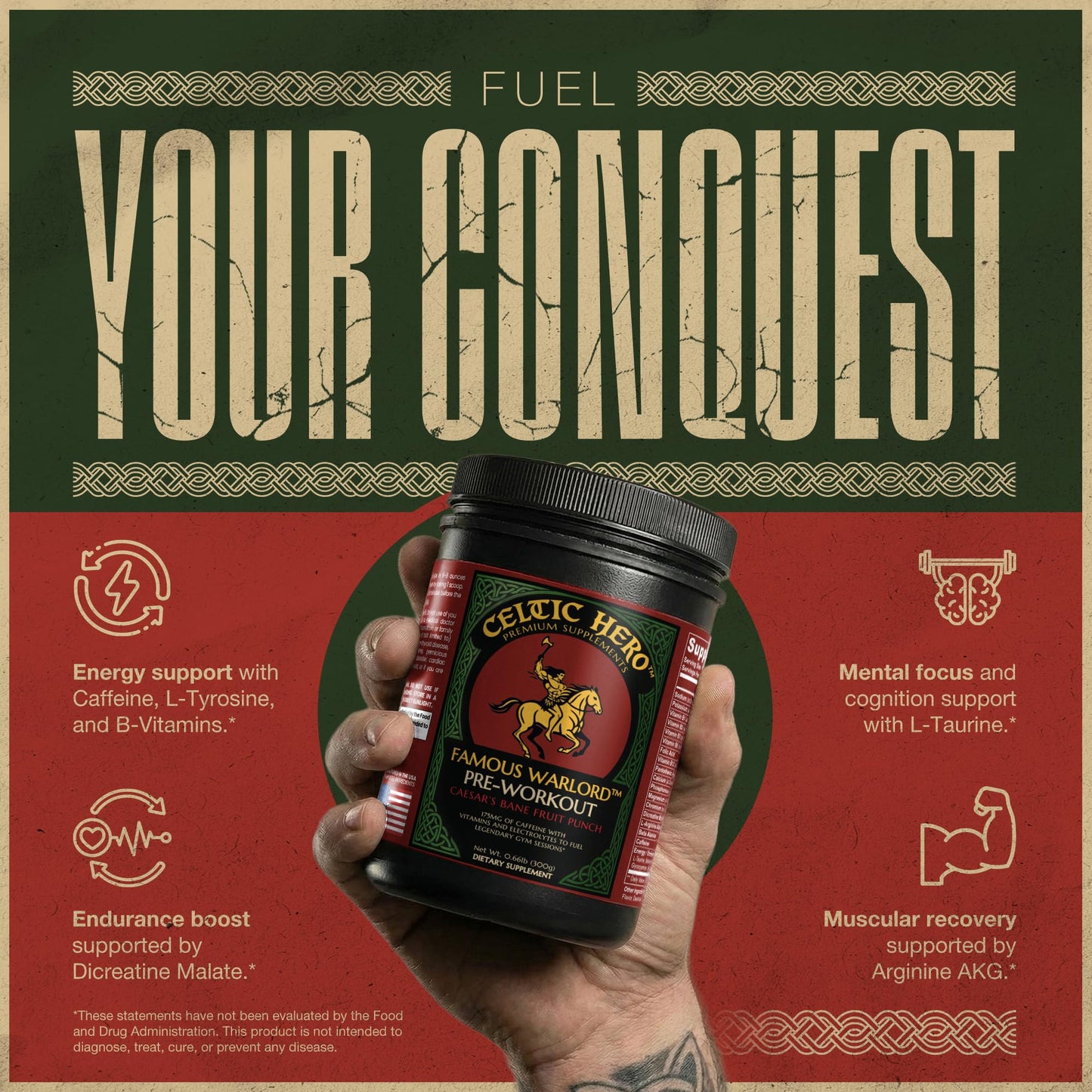 Celtic Hero Famous Warlord Pre-Workout for Men, Powder, 8.81 oz