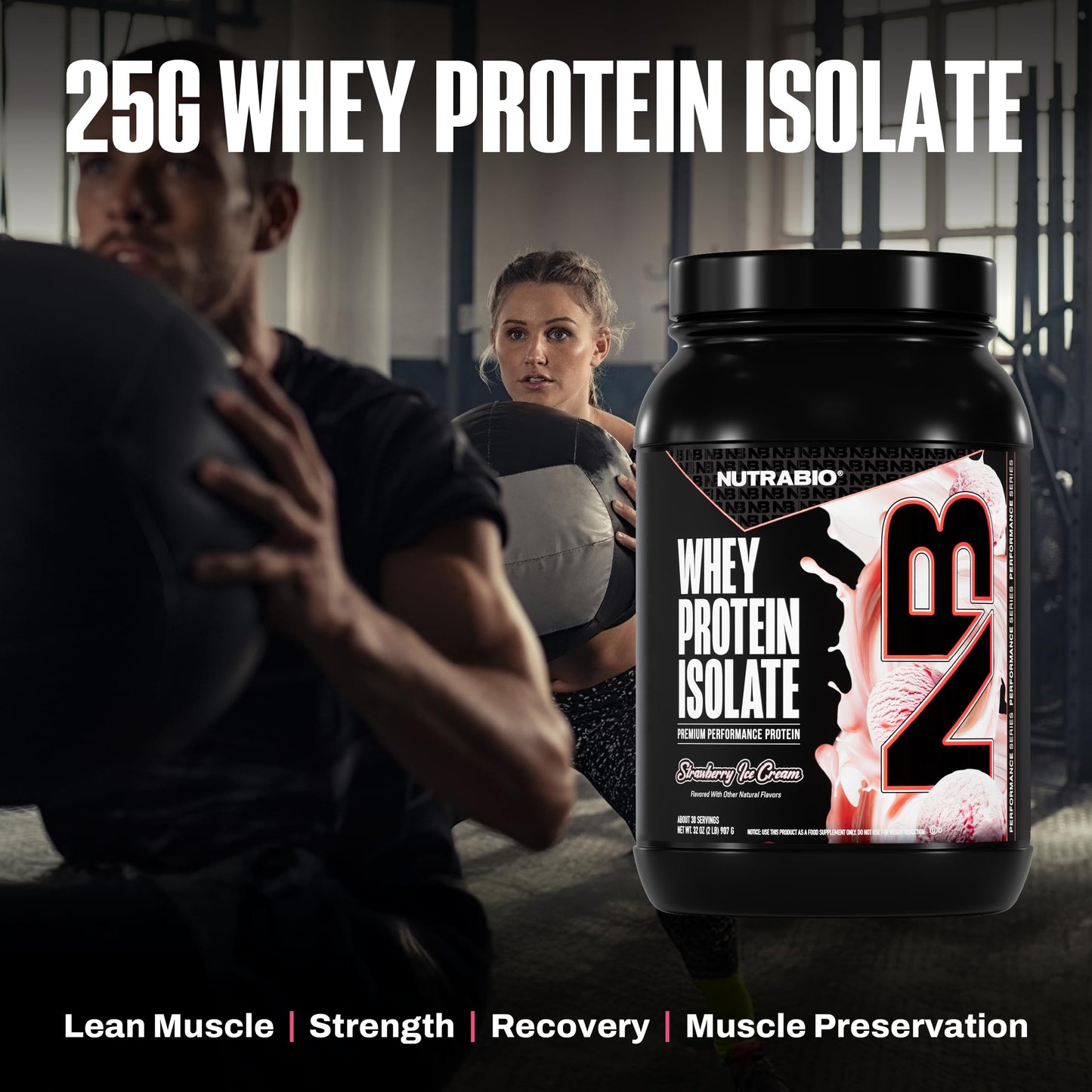 NutraBio 100% Whey Protein Isolate Powder, Strawberry Ice Cream, 32 Servings, 2 Lbs