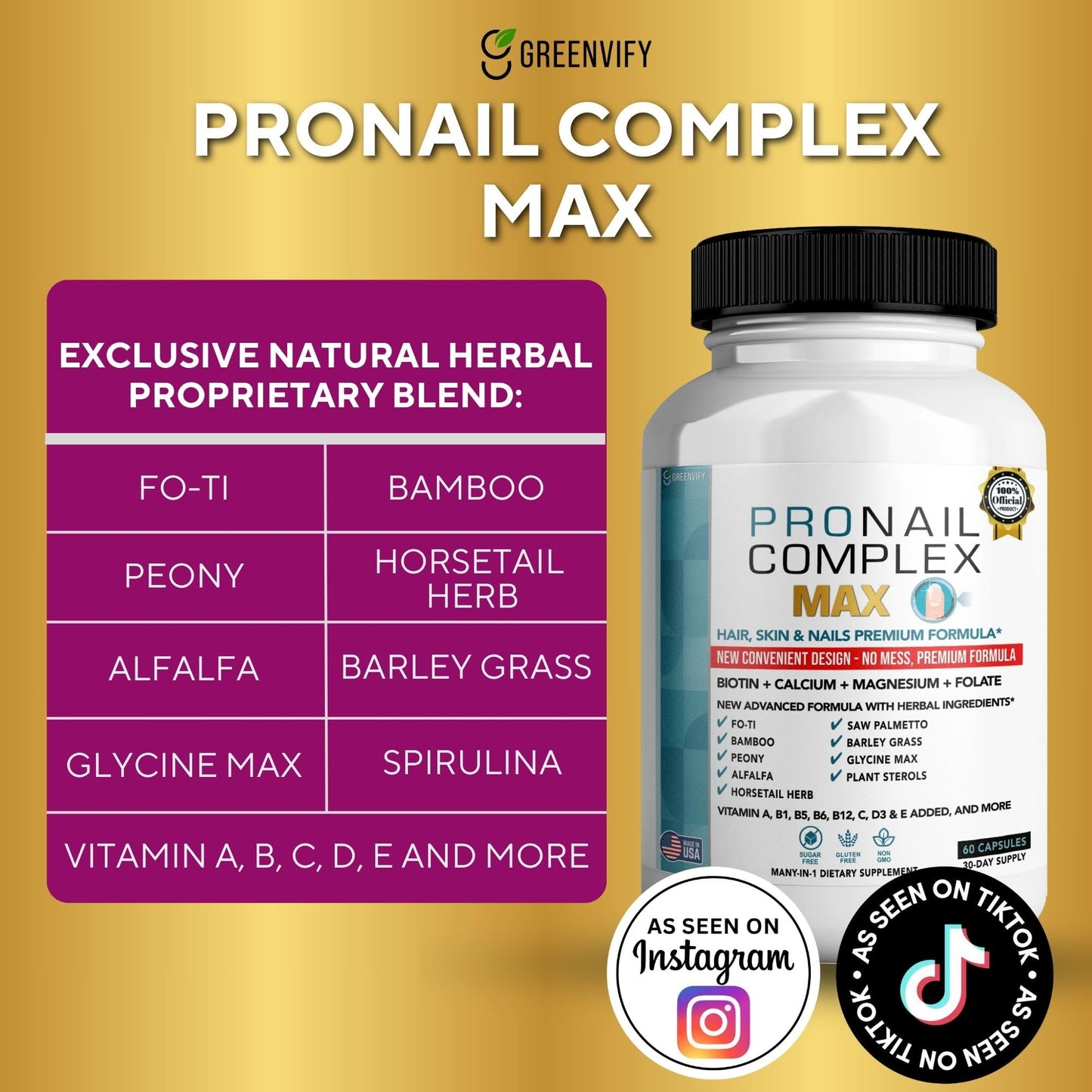 GREENVIFY ProNail Complex Max Hair, Skin & Nails Premium Supplement with Biotin & Herbal Blend 120 Capsules
