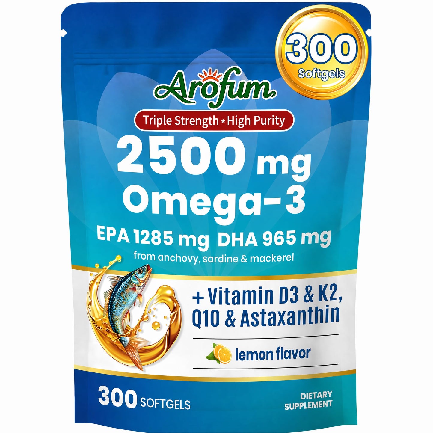 Arofum Omega 3 Fish Oil with Vitamin D3 K2 Softgels, 300