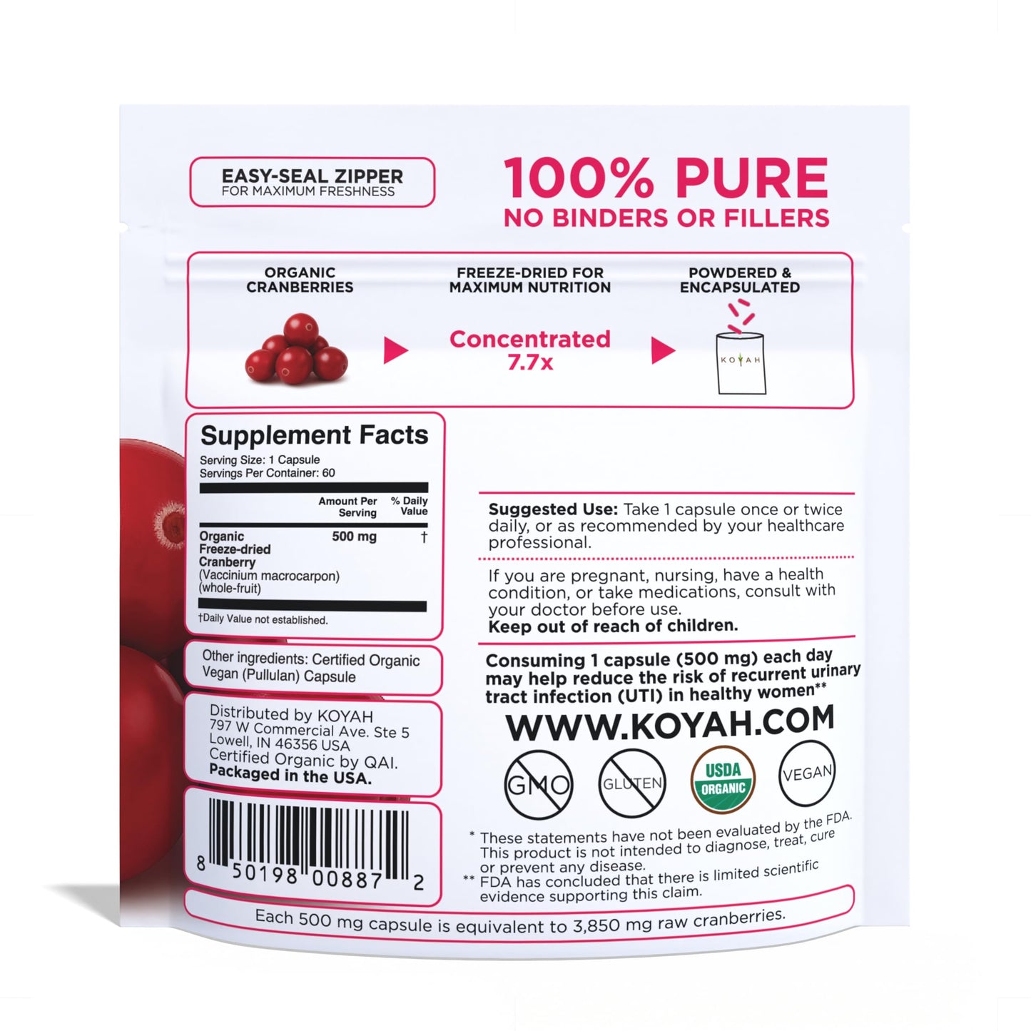 KOYAH Organic Cranberry Capsules, Freeze-Dried, 60 Count
