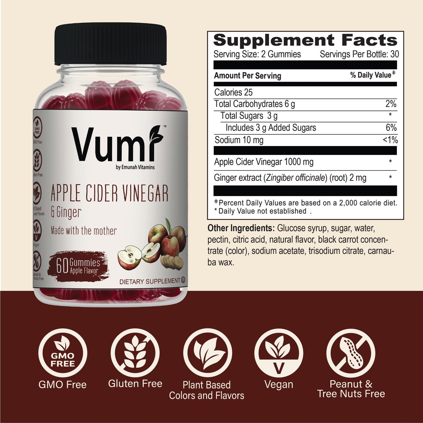 Vumi Apple Cider Vinegar Gummies with The Mother + Ginger, 60 Gummies