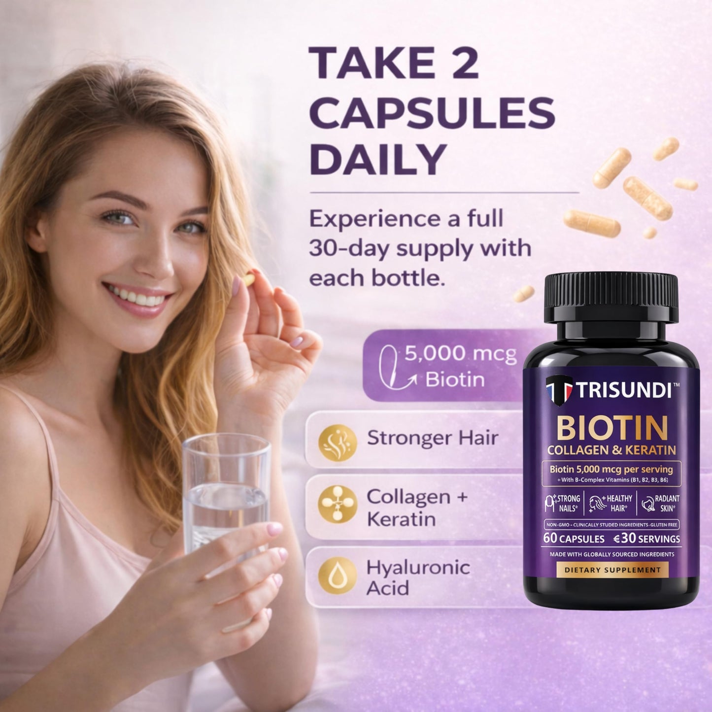 Trisundi Biotin 5000 mcg Capsules with Collagen & Keratin, B-Complex Vitamins B1 B2 B3 B5 B6 B12, Hair Skin Nail Support Formula, 60 Capsules