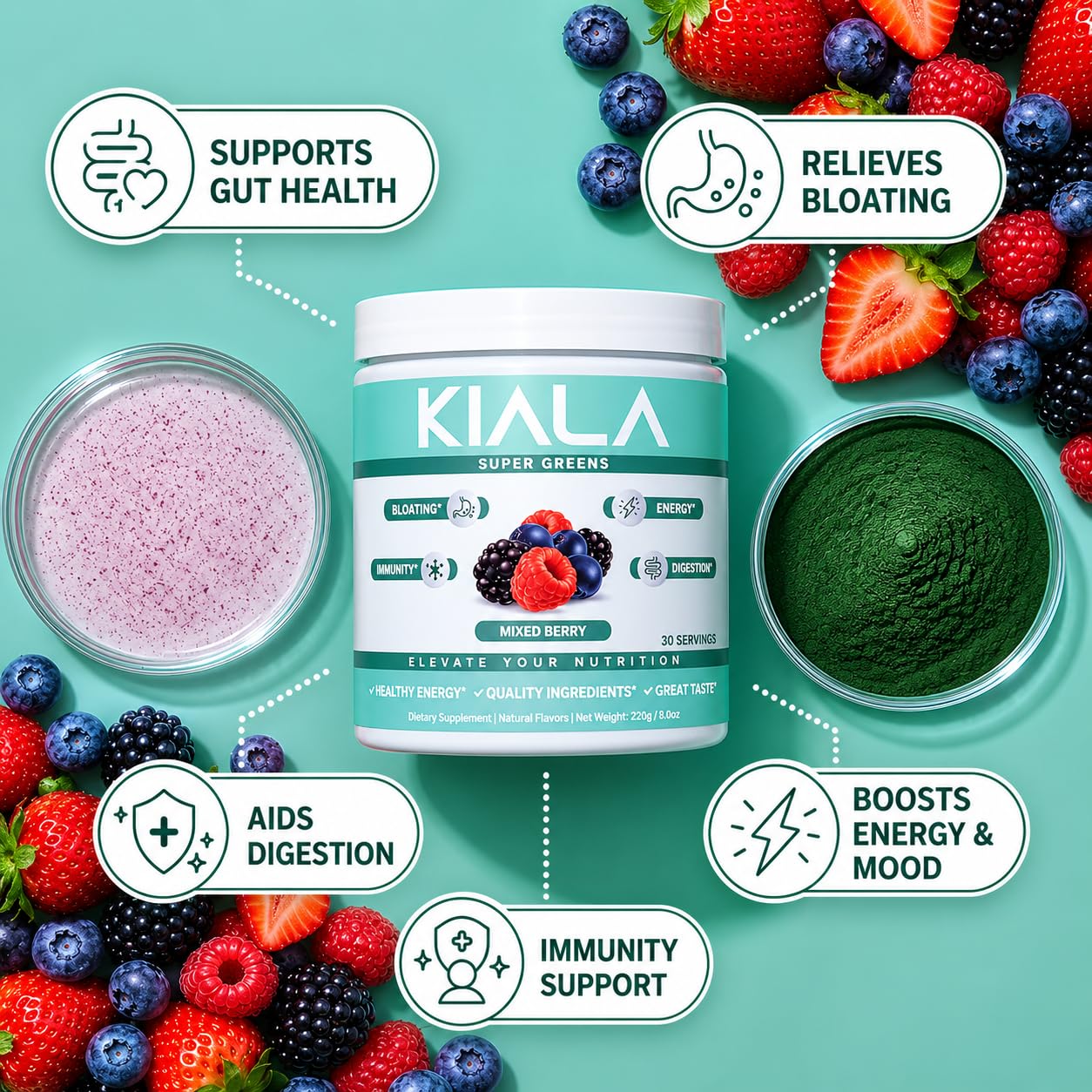 Kiala Nutrition Super Greens Powder with Spirulina & Chlorella for Digestion, Gut Health, Immunity, Adaptogens, Energy, Gluten Free, Vegan, Sugar Free, Mixed Berry, 8 oz