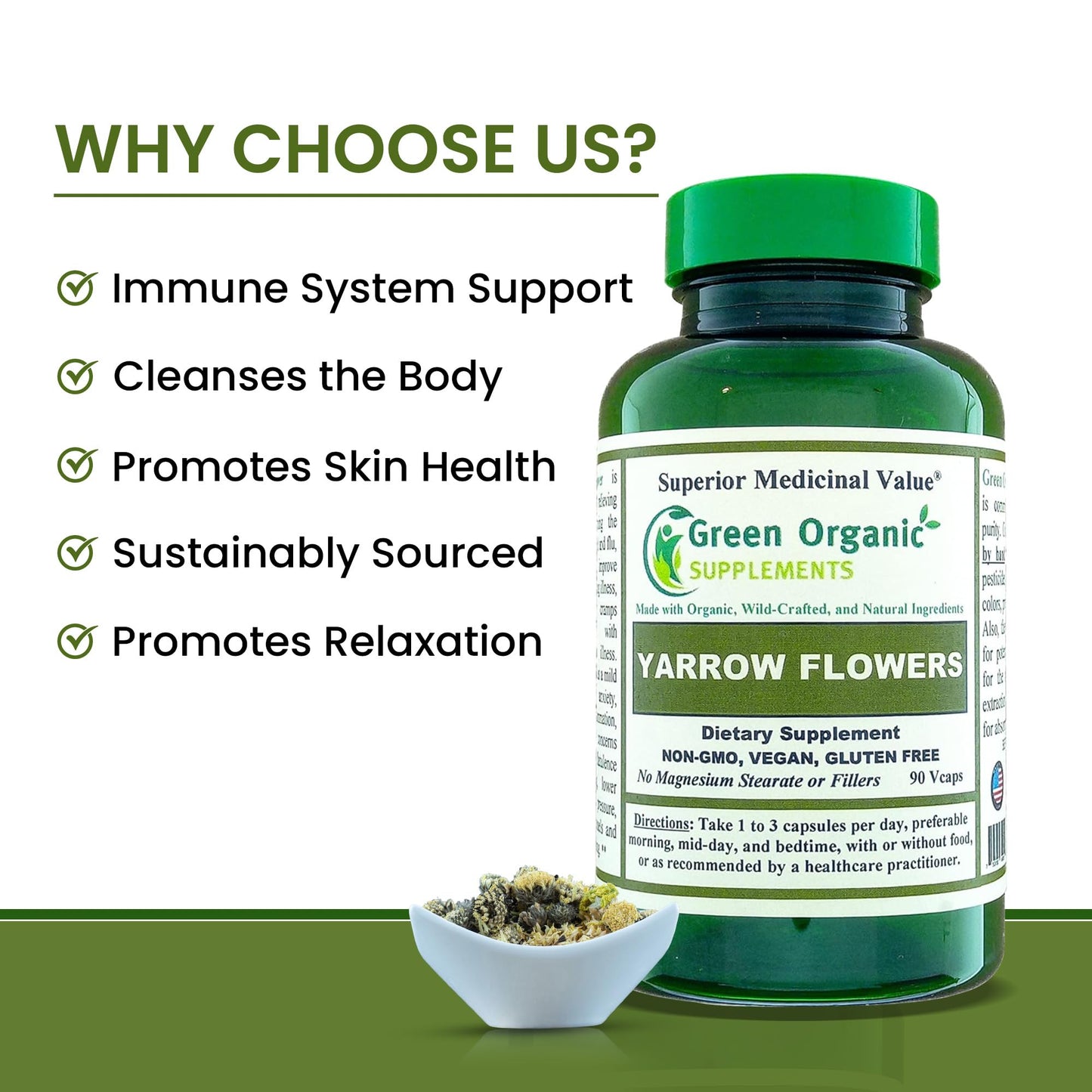 Green Organic Supplements Yarrow Flower Capsules 90 Count