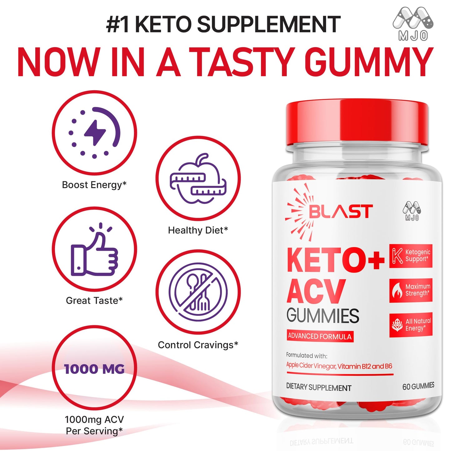 MJO Blast Keto ACV Gummies 1000mg Chewable Vitamin Supplement With Vitamin B12, 120 Gummies