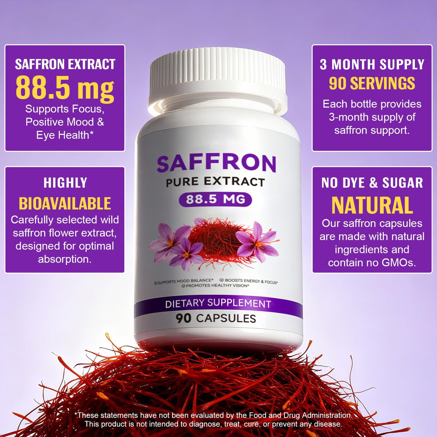 Daiasns Saffron Supplements 100% Organic Saffron Extract 88.5mg per Serving with Crocins, Safranal & Safromotivines Supports Mood, Energy, Vision & Focus for Men & Women, 90 Capsules