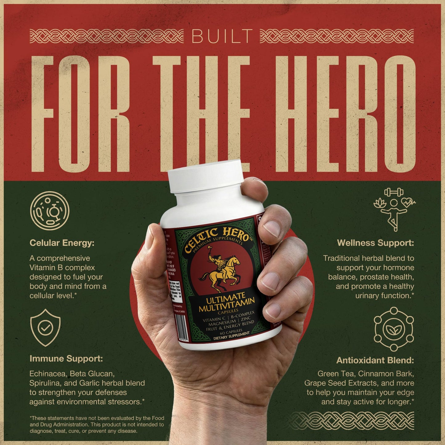 Celtic Hero Daily Multivitamin Complex for Men with B Vitamins Complex, Vitamin A, Vitamin D, Zinc, Selenium, Copper, Strength, Energy and Health Support Supplement, Antioxidant-Rich Vitamins for Men, 60 Capsules