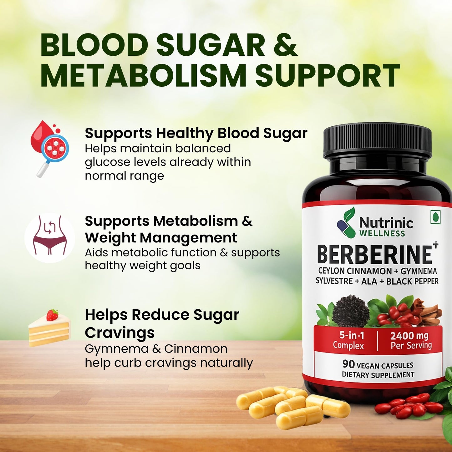 NUTRINIC WELLNESS Berberine 1500 mg – with ALA, Ceylon Cinnamon, Gymnema & Black Pepper Capsules, 90 Capsules
