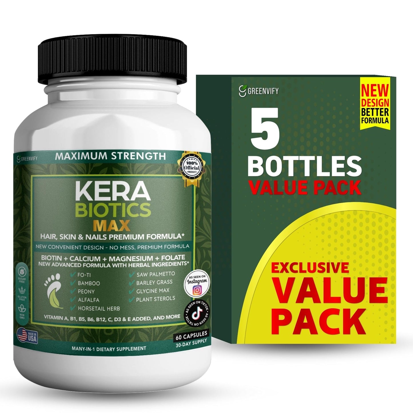 GREENVIFY Kerabiotics Max Hair, Skin & Nails Premium Formula 300 Capsules