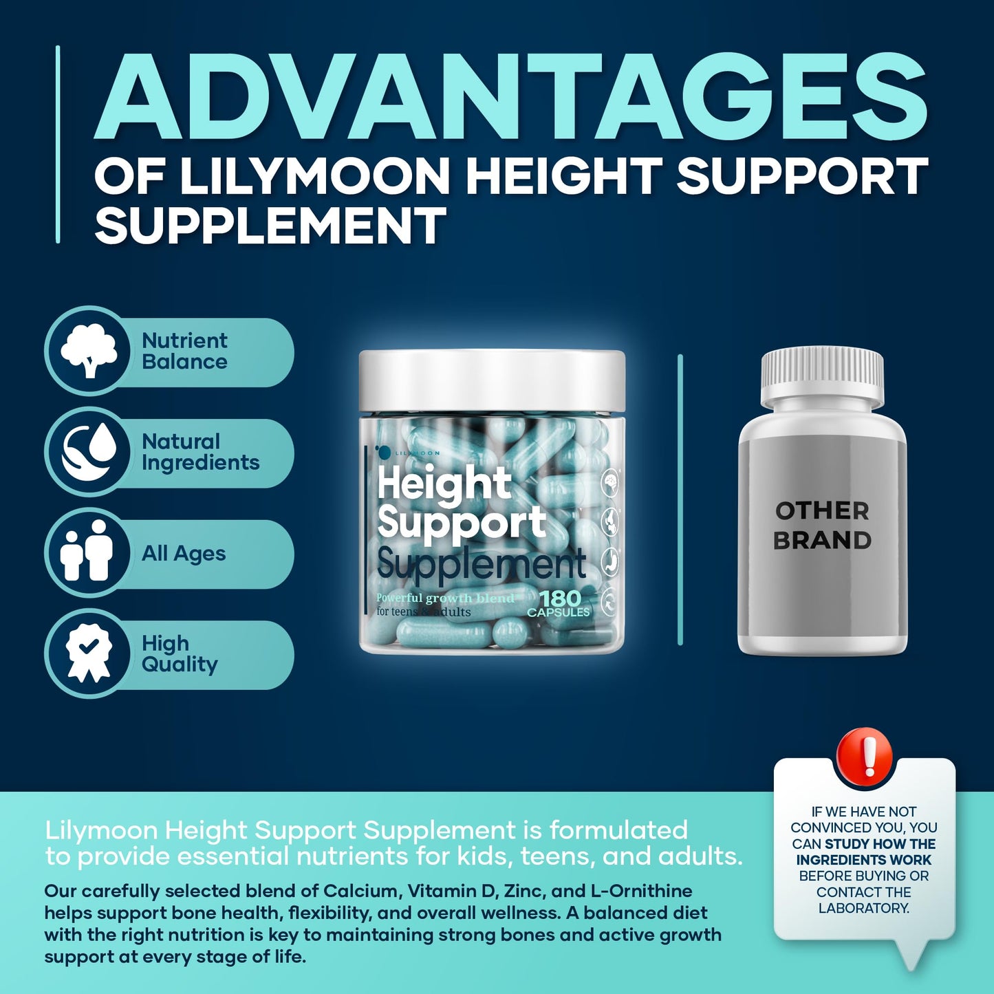 LM LILYNUTRAMOON Height & Bone Support Supplement for Kids & Teens with Calcium 180 Capsules