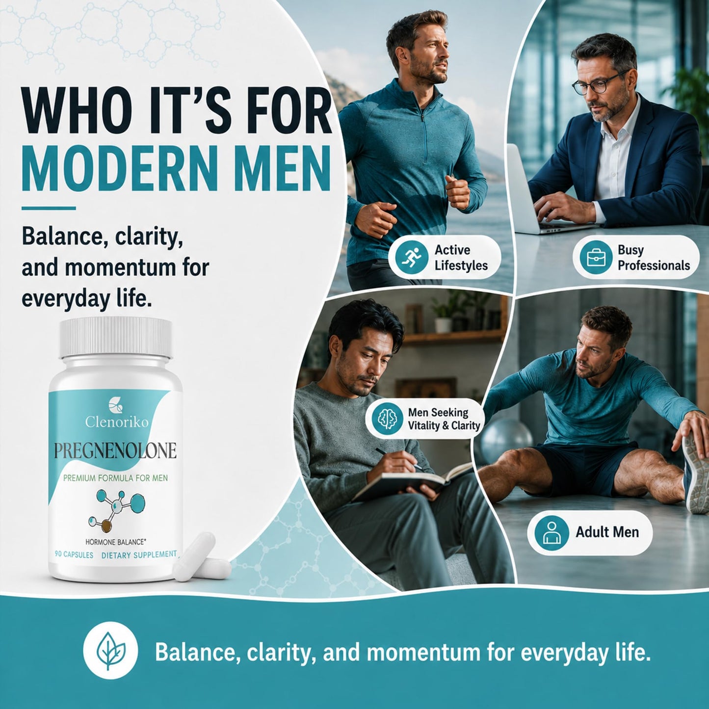 Clenoriko Pregnenolone 50mg with DHEA 25mg for Men, Tongkat Ali & Ashwagandha Root Blend, Men's Wellness Formula, Pregnenolone Supplement, 90 Capsules