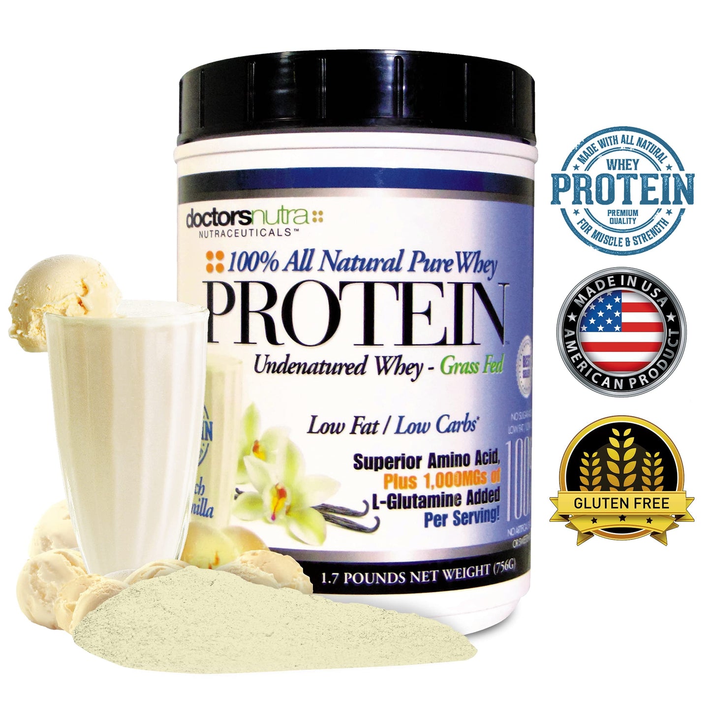 Doctors Nutra Nutraceuticals 100% Pure Undenatured Grass Fed Whey Protein Powder Rich Vanilla Flavor Ultrafiltered with 1000 mg Added L-Glutamine, 2 lb, 32 Servings