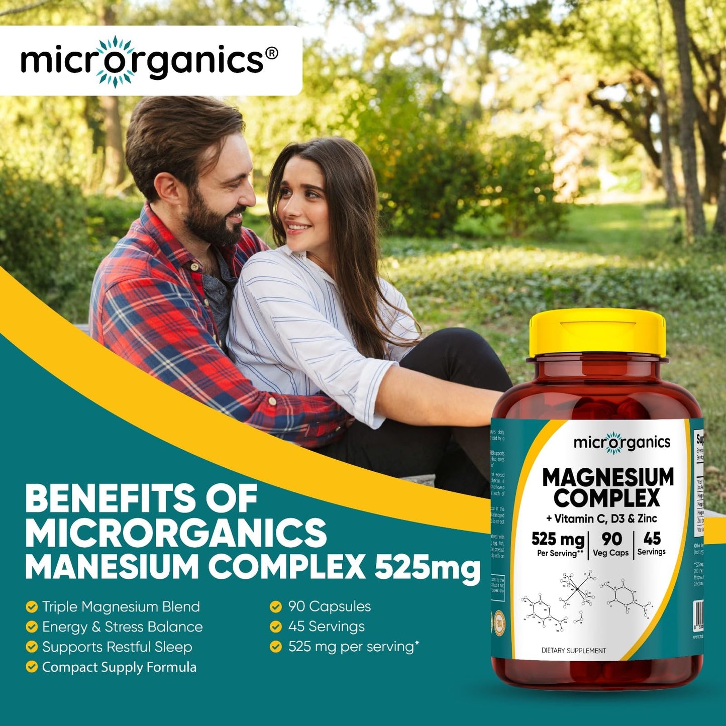 MICRORGANICS Magnesium Complex Capsules with Vitamin C, D3 & Zinc – 525 mg per Serving – 90 Vegan Capsules