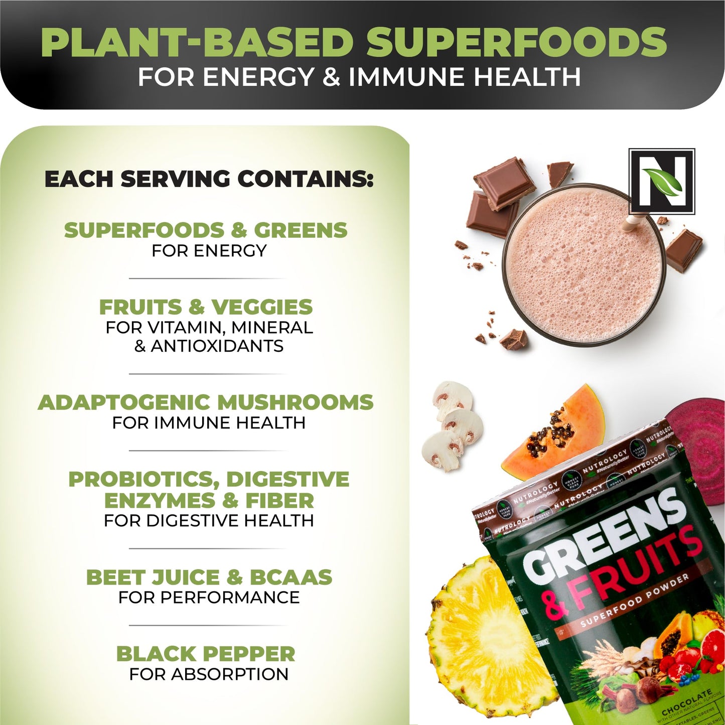 Nutrology Greens & Fruits Powder Chocolate 14.1 oz