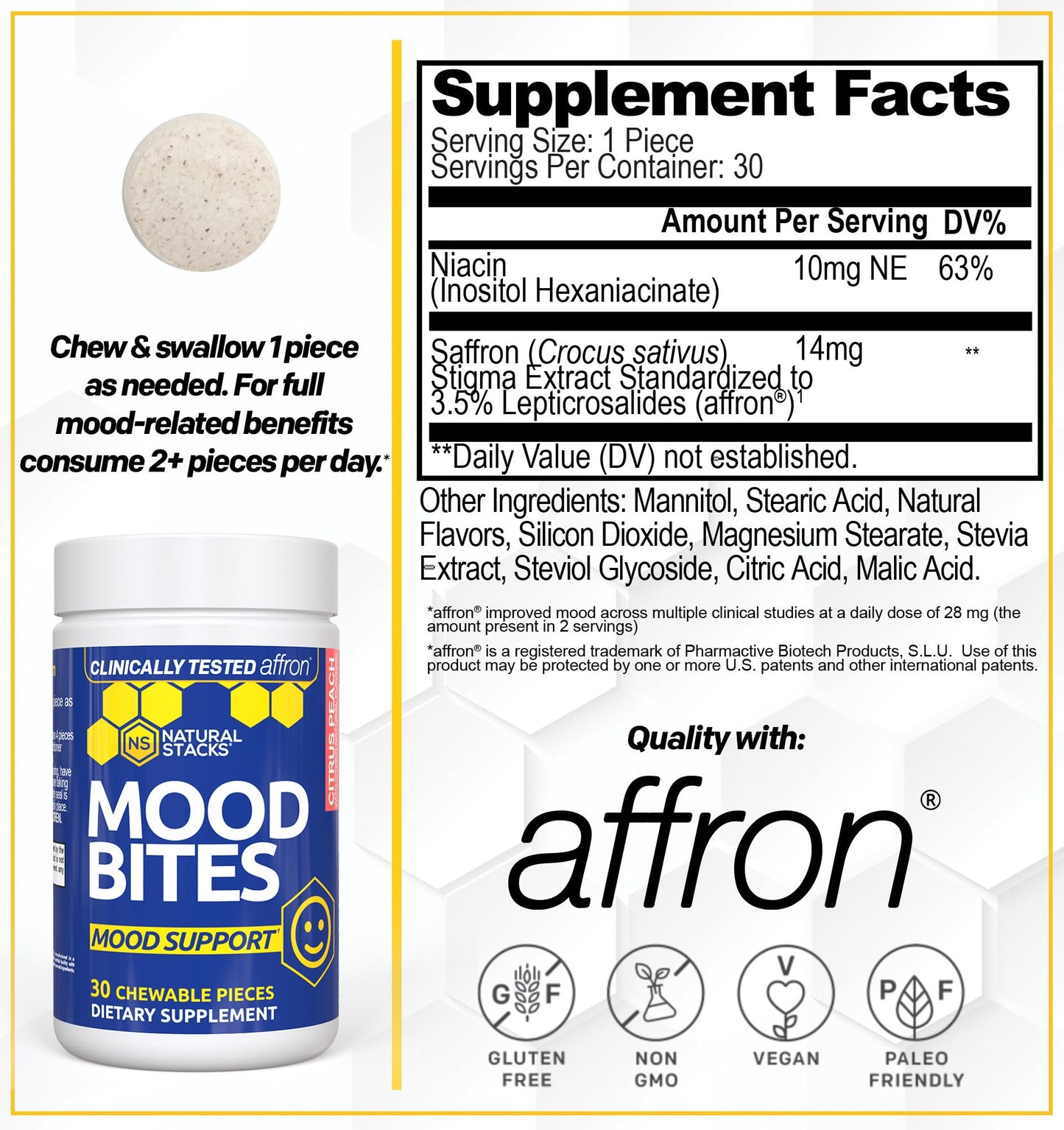 Natural Stacks Mood Bites Saffron Supplement with Vitamin B3, Citrus Peach Capsule, 30 Count