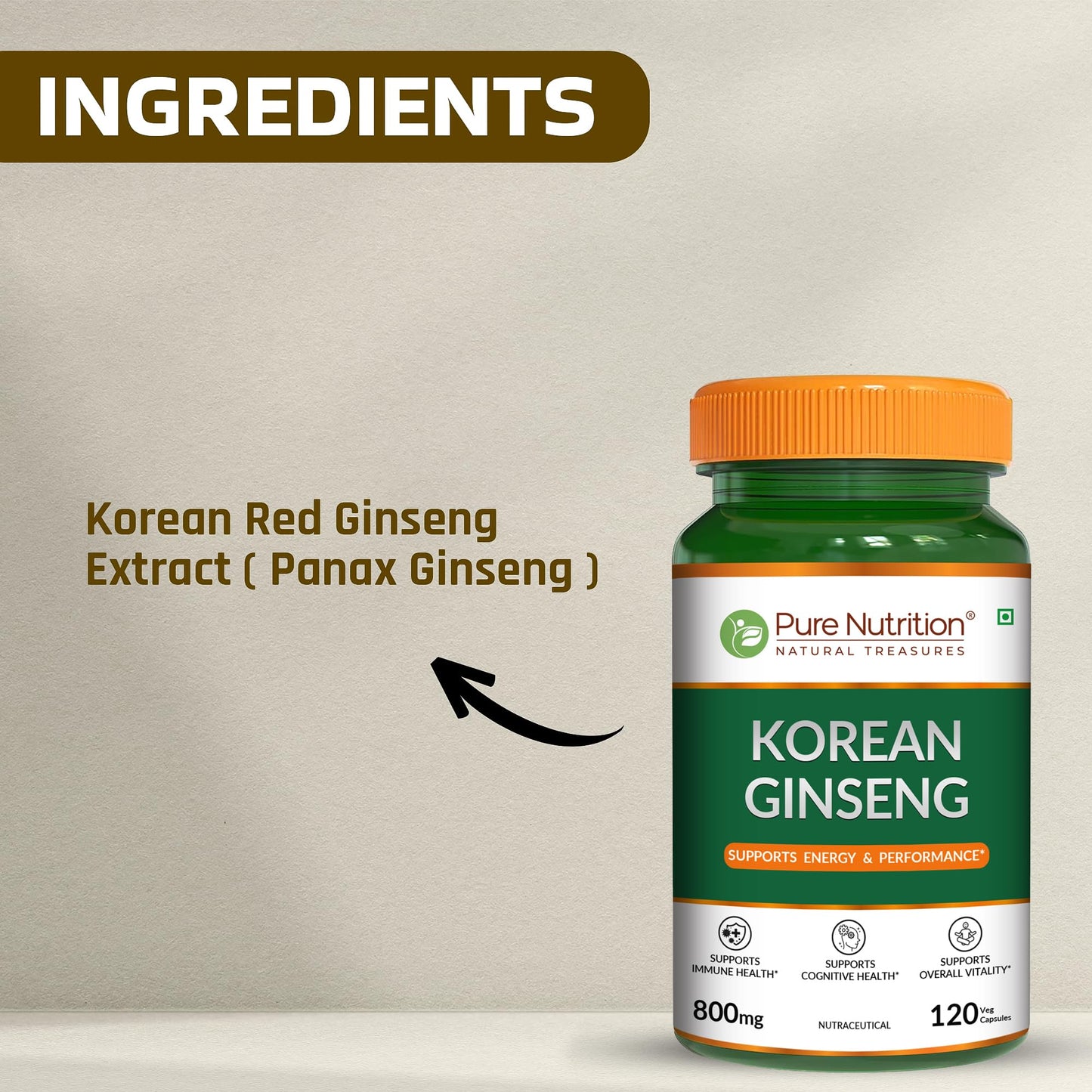 Pure Nutrition Natural Treasures Korean Ginseng 800mg Capsule 120 Count