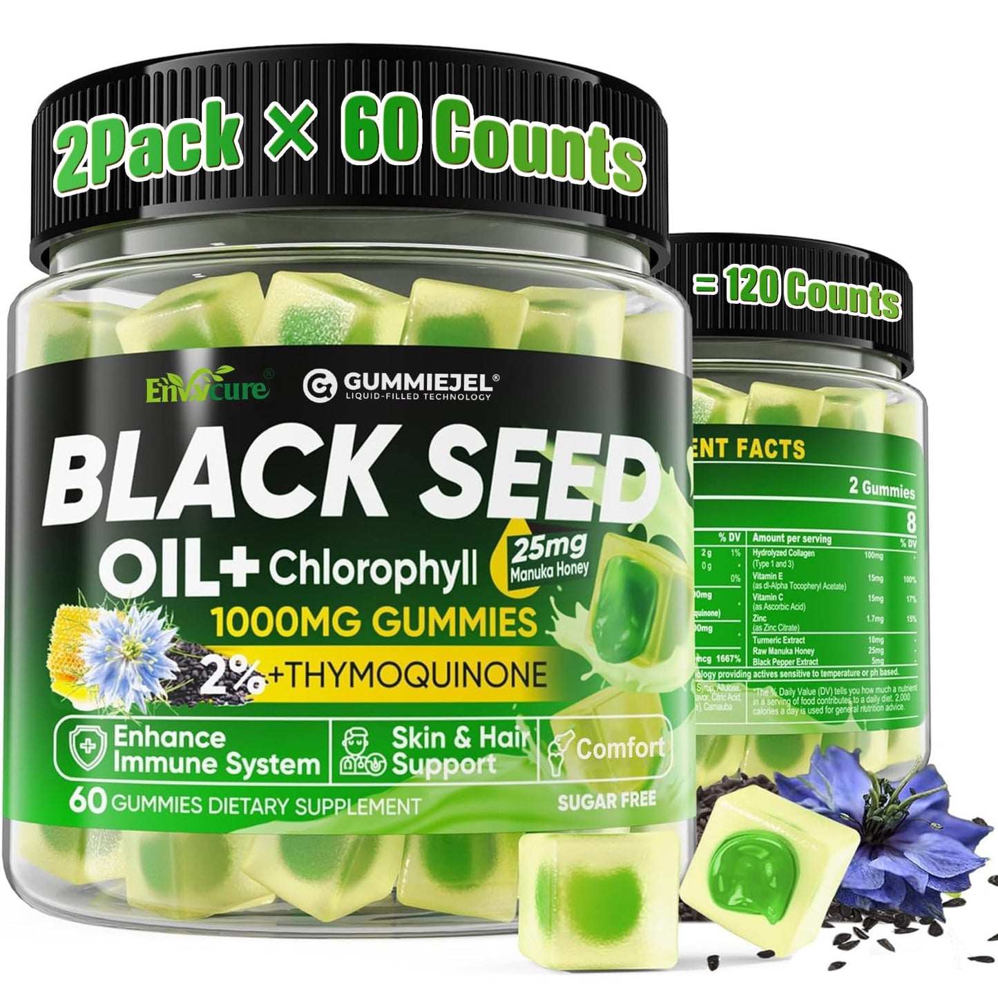 EnvyCure Black Seed Oil Gummies & Chlorophyll, Biotin 500mcg with Hydrolyzed Collagen, Raw Manuka Honey, Organic Cold Pressed - Ultimate Absorption for Skin, Hair & Nails, Digestive, Overall Health, 120 Gummies