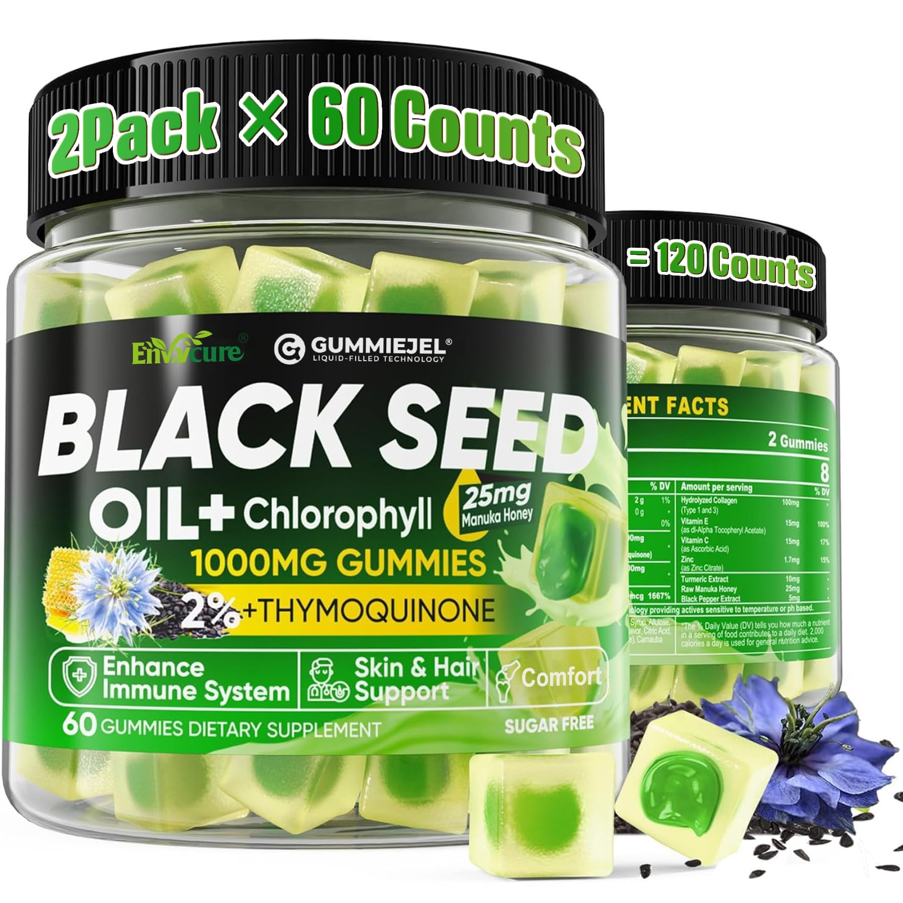 EnvyCure Black Seed Oil Gummies & Chlorophyll, Biotin 500mcg with Hydrolyzed Collagen, Raw Manuka Honey, Organic Cold Pressed - Ultimate Absorption for Skin, Hair & Nails, Digestive, Overall Health, 120 Gummies