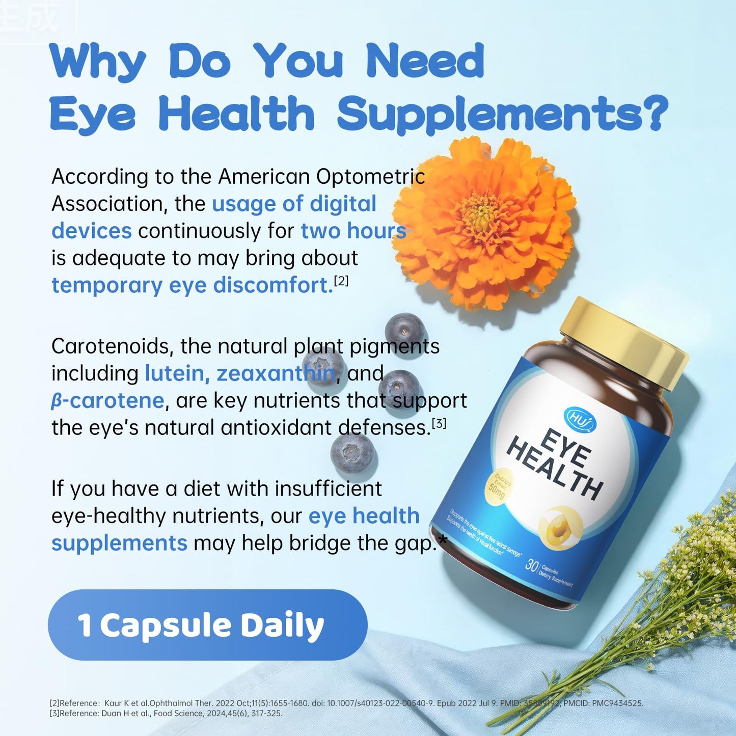 HUJ Eye Health Eye Supplement Capsules with Pycnogenol, Bilberry & Lutein - 30 Capsules