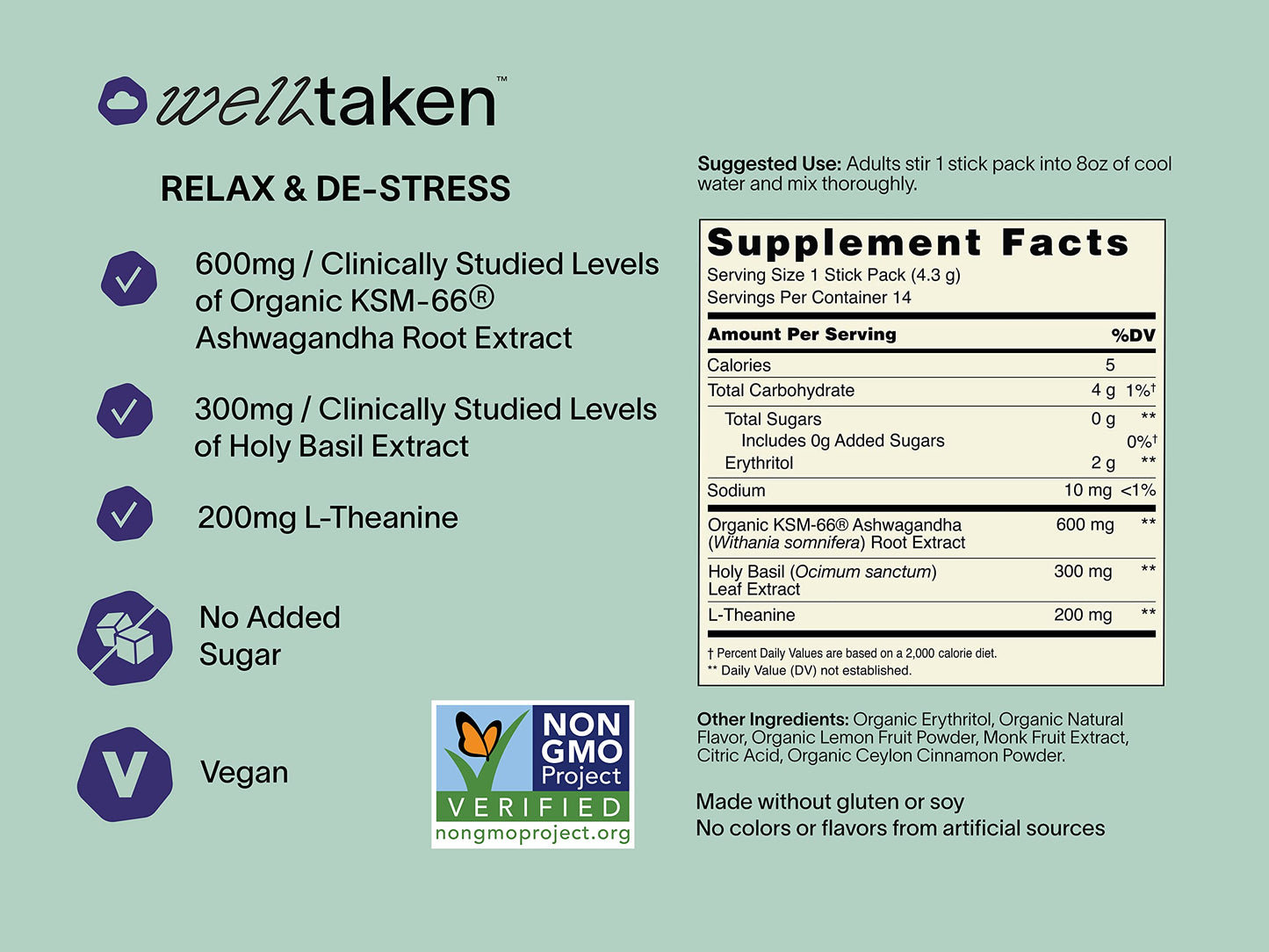 WellTaken Ashwagandha Relax & De-Stress Powder - Lemon Lavender, 14 Servings