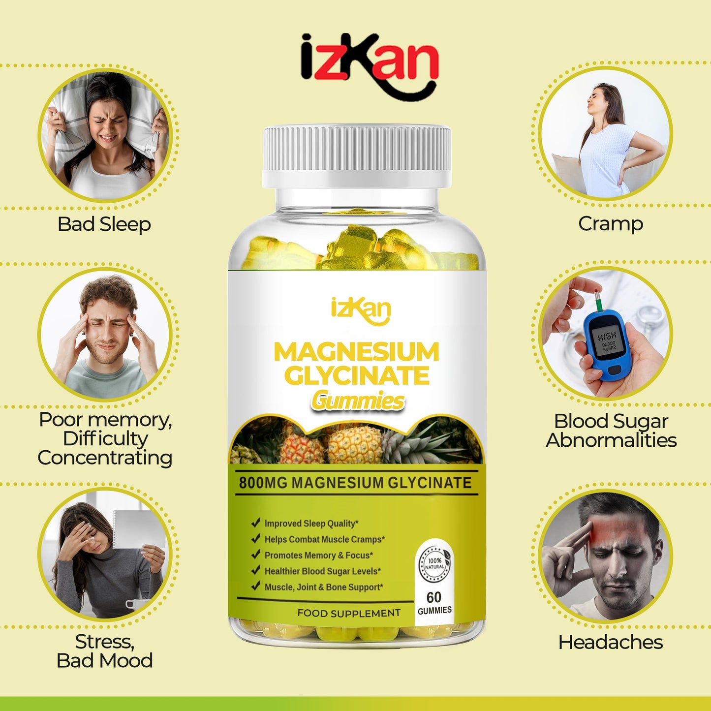 Izkan Magnesium Glycinate Gummies 800mg - Sugar Free Supplement for Adults & Kids with Ashwagandha, Lemon Balm Extract & CoQ10 for Calm Mood & Muscle, Immune Support, 60 Gummies