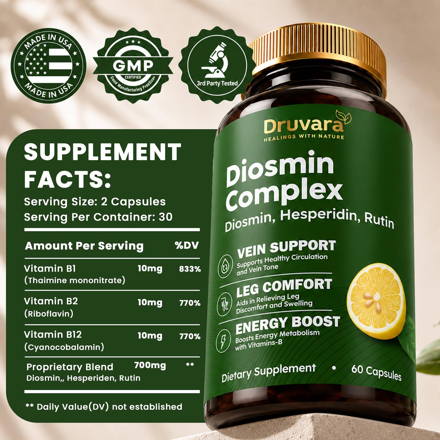 Druvara Diosmin Hesperidin with Rutin & B Vitamins Vein Support Capsule, 60 Count