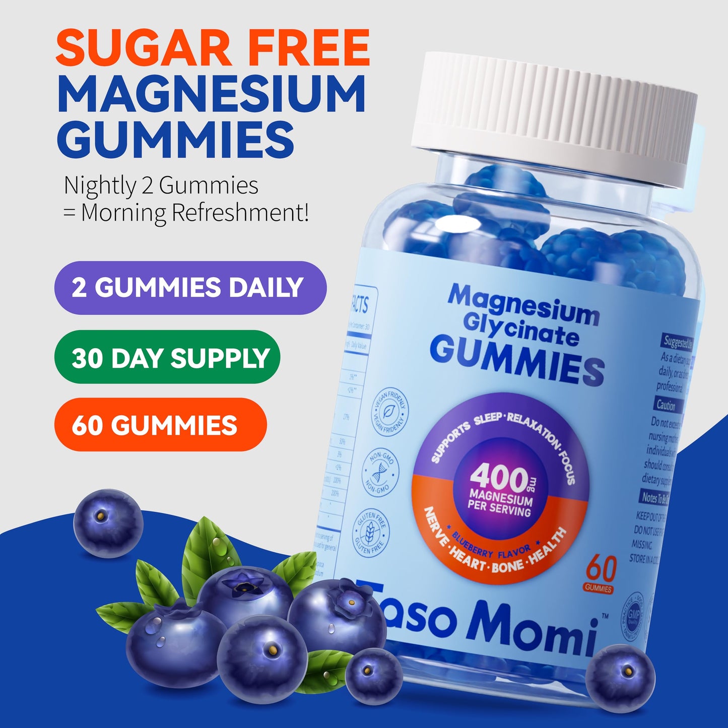 TasoMomi Magnesium Glycinate Gummies 400mg Sugar Free Vegan Chewable for Adults & Kids - High Absorption to Support Sleep, Muscle, Bone, and Cognitive Health with Vitamin D3, B6, C, CoQ10, 60 Blueberry Gummies