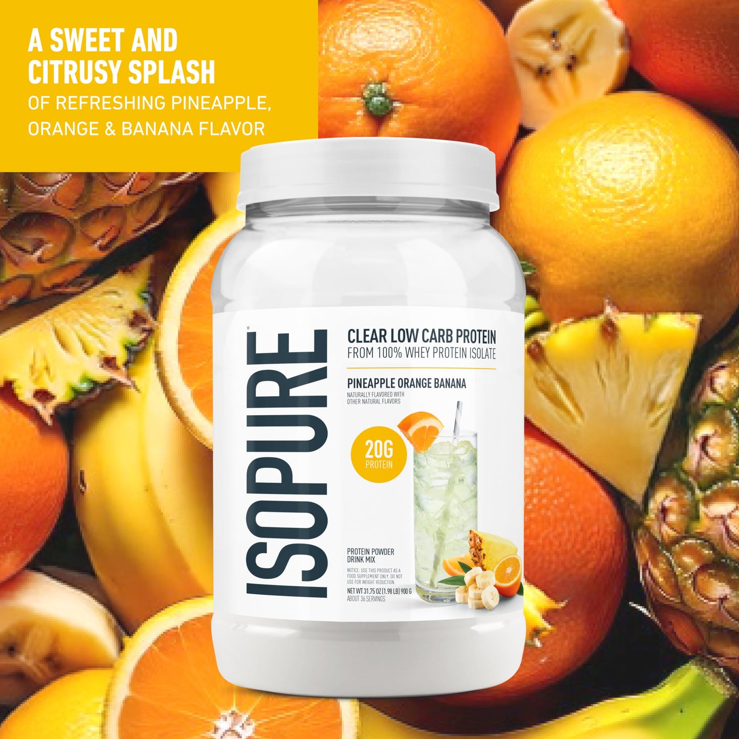 Isopure Clear Whey Isolate Protein Powder, Pineapple Orange Banana Flavor, 36 Servings