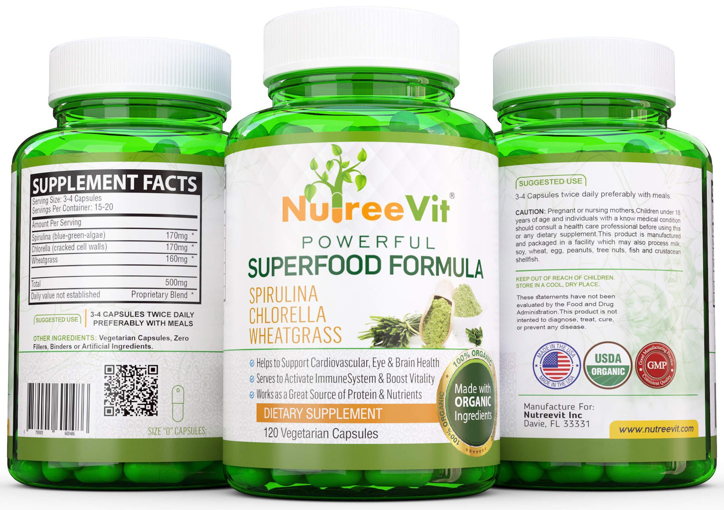 NutreeVit Pure 100% Organic Spirulina + Chlorella + Wheatgrass Veggie Capsules, 320 Count