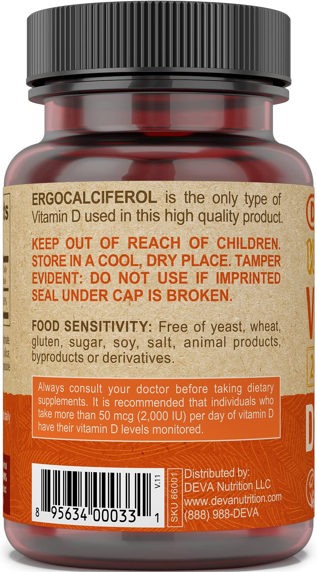 DEVA Vegan Vitamin D2 Tablet, 60 mcg (2400 IU), Ergocalciferol Supplement, 90 Tablets