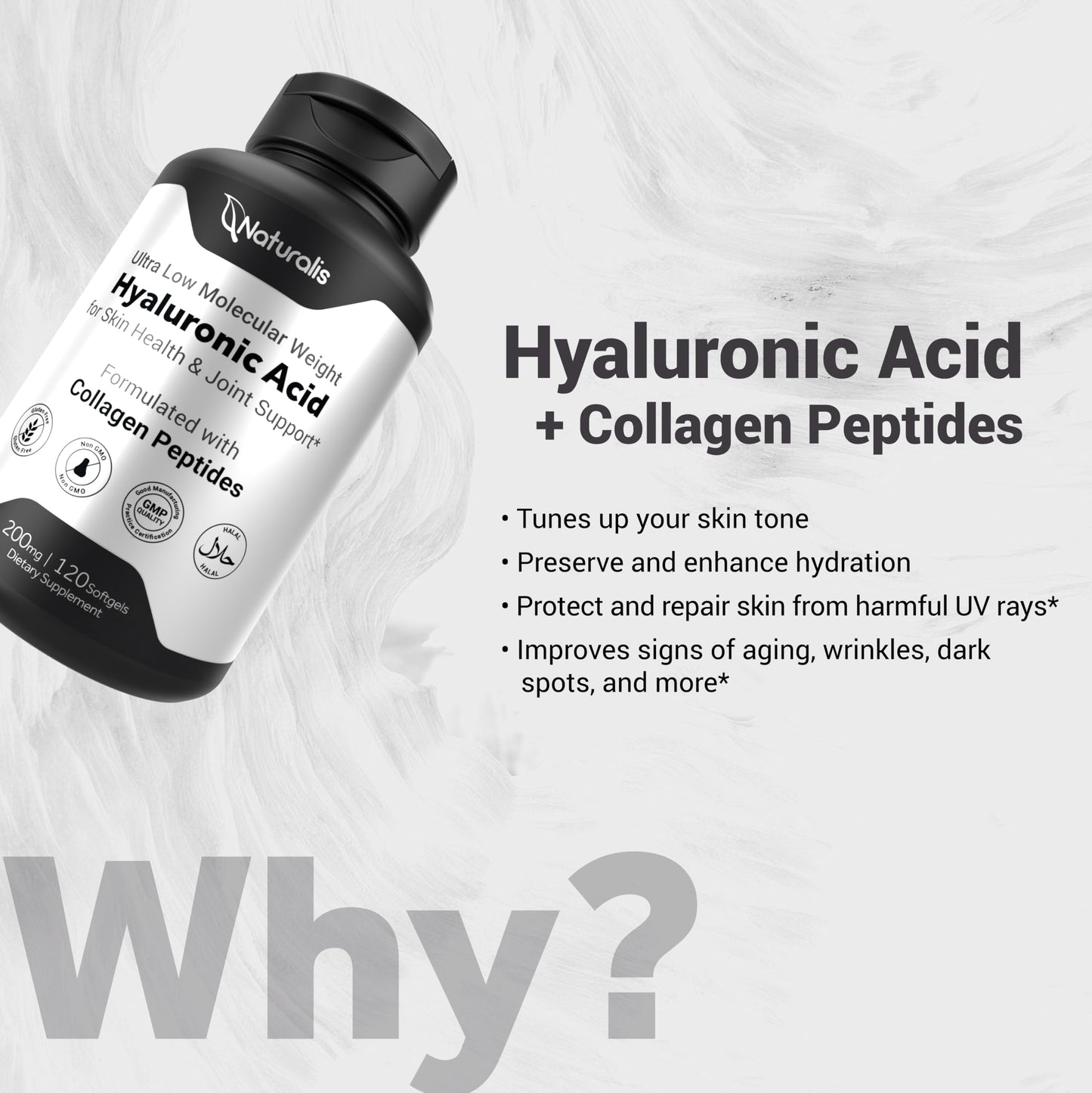 Naturalis Hyaluronic Acid 200mg Ultra Low Molecular Weight with Collagen, Biotin, Selenium & Vitamin E Softgels, 120 Count