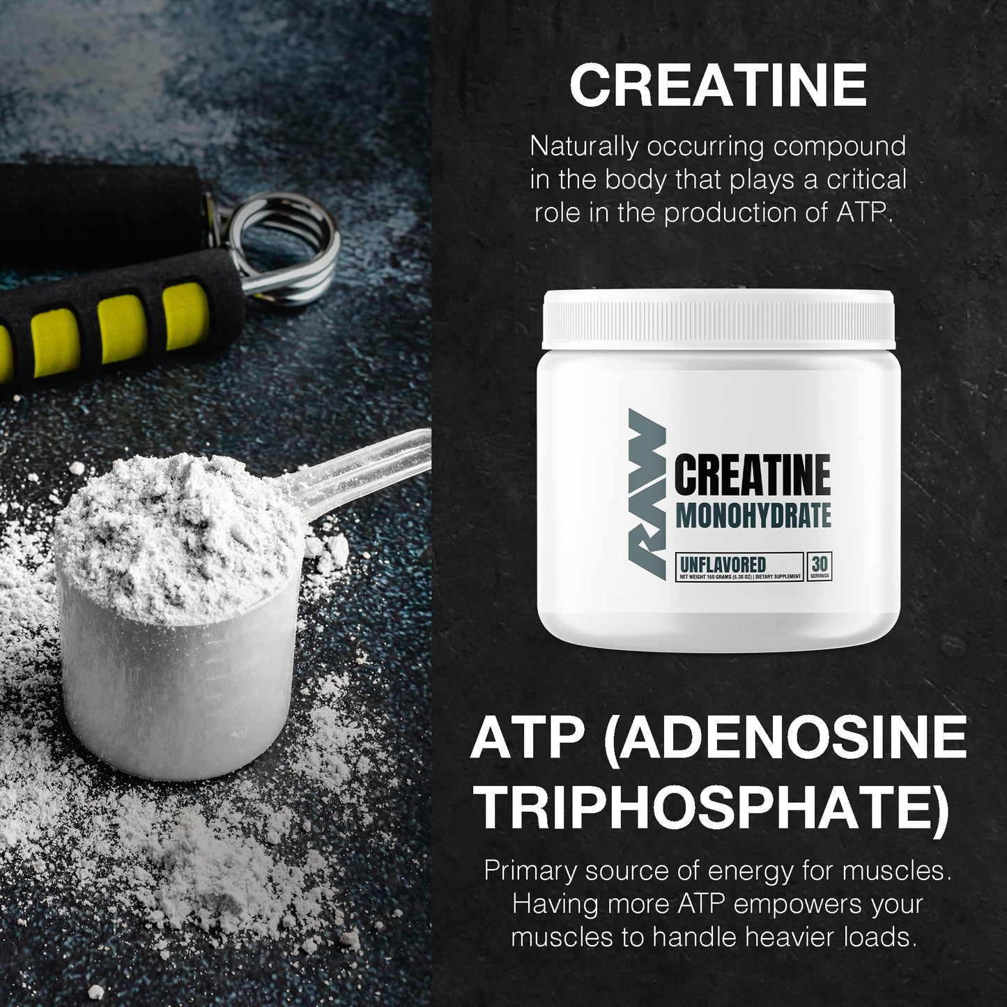 RAW Creatine Monohydrate Powder Unflavored, 5.3 Ounces