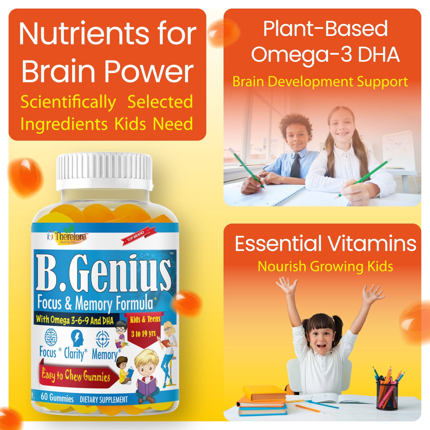 Therefore B.Genius Focus Gummies for Kids & Teens – Focus & Attention, Memory & Concentration – Plant-Based – 60 Count