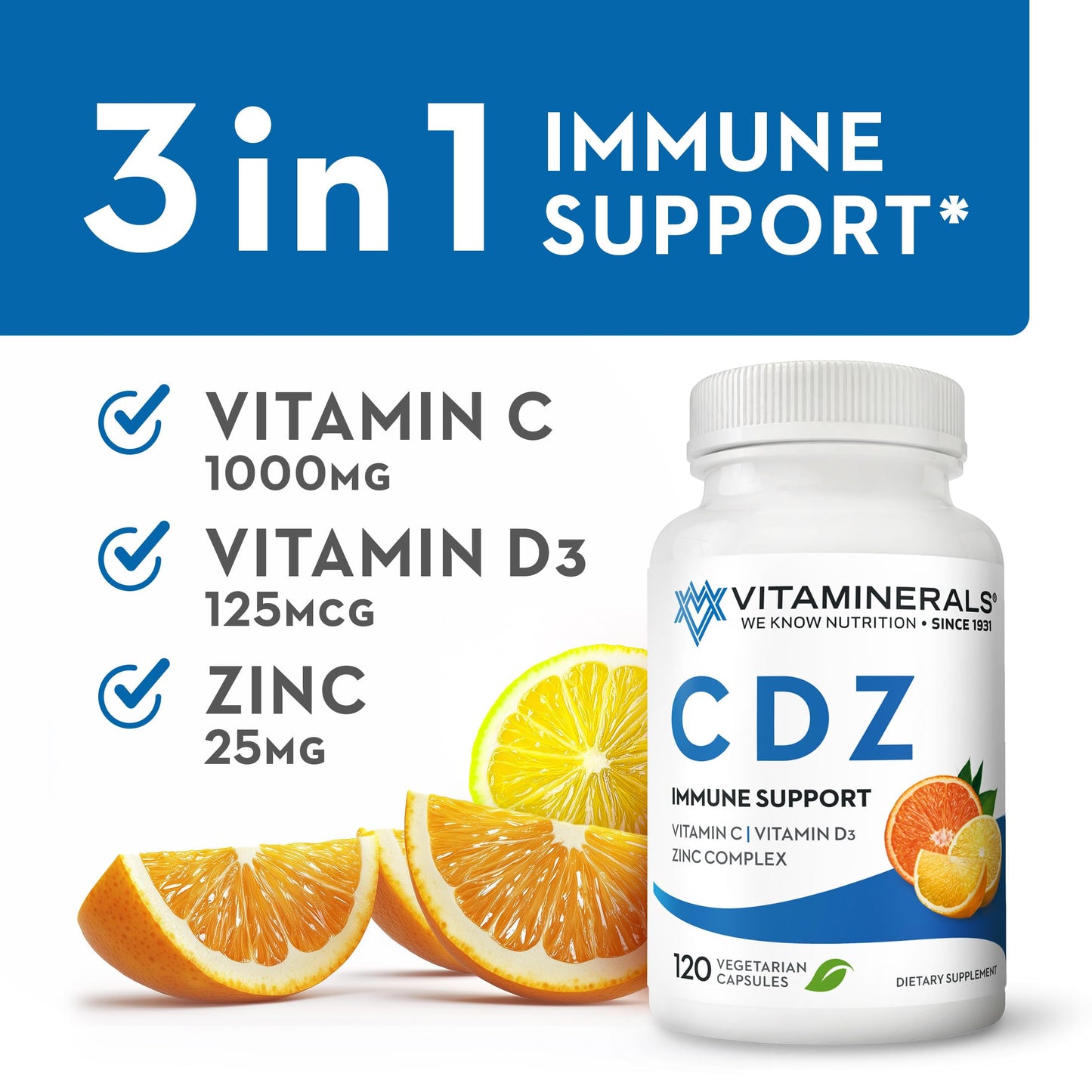 Vitaminerals CDZ Vitamin C 1000mg, Vitamin D3 125mcg, Zinc Complex 25mg Capsules, 120 Count