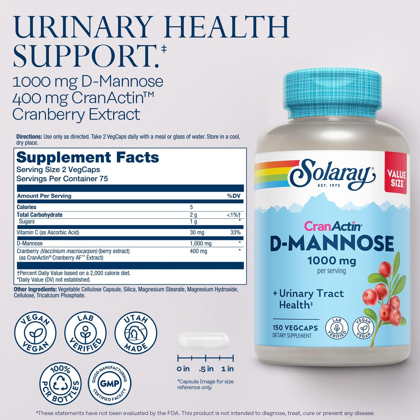 SOLARAY D-Mannose with CranActin Cranberry 400 mg Capsules, 150 Capsules
