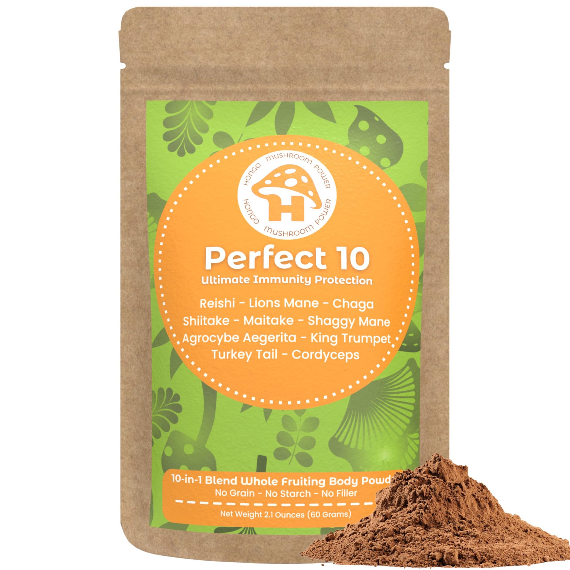 Hongo Tea Mushroom Power - Perfect 10 Mushroom Complex Powder, 2.1 oz