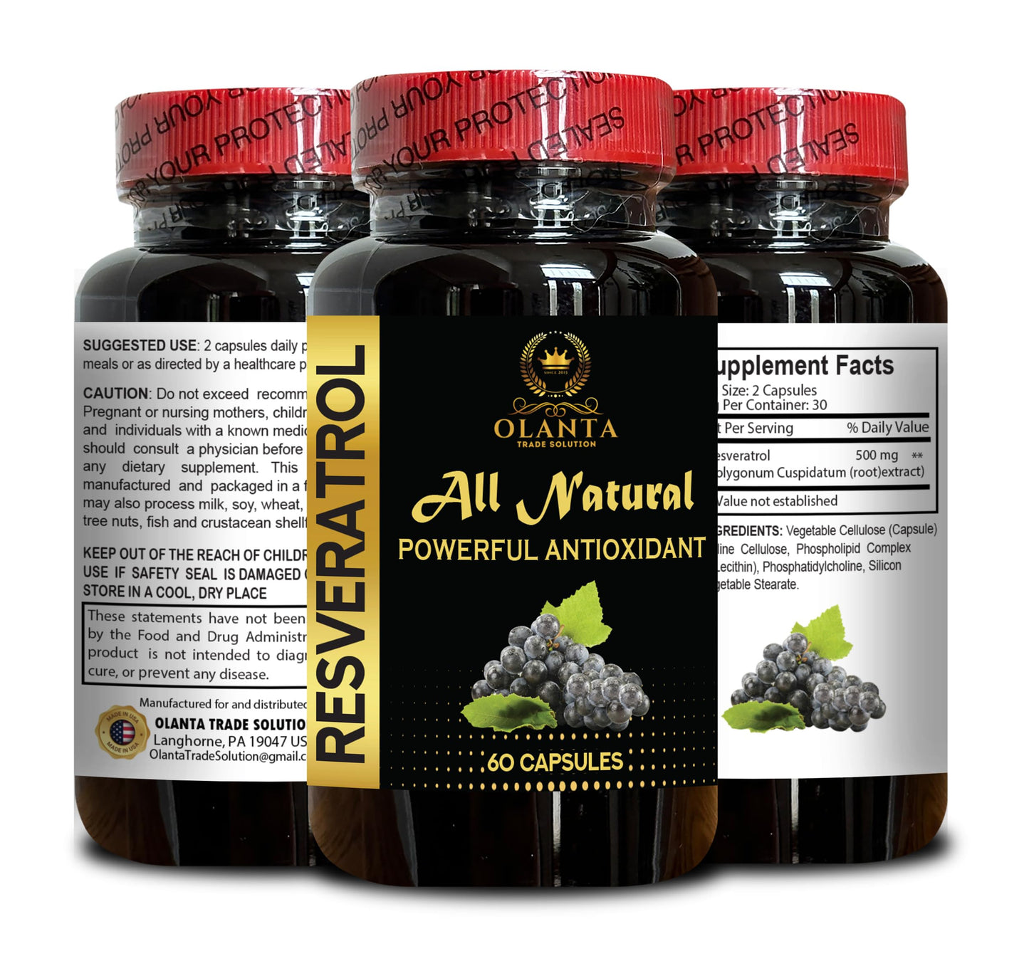 OLANTA TRADE SOLUTION Resveratrol Extract with Red Wine Extract, Trans-Resveratrol Antioxidant Supplement, 60 Capsules