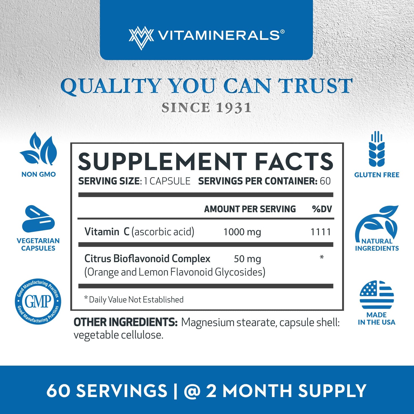Vitaminerals C MAX Antioxidant Support 1000 mg Vitamin C with Bioflavonoids Veggie Capsules, 60 Capsules